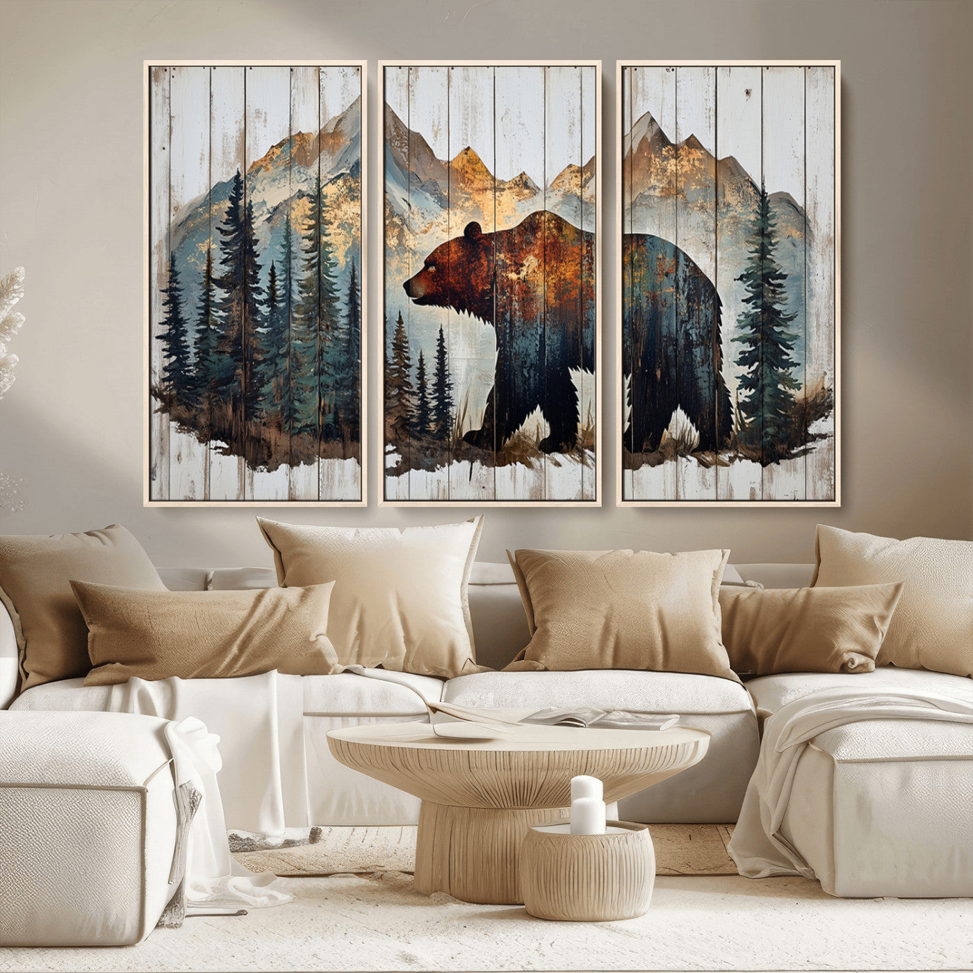 -Rustic Grizzly 399 Bear and Mountain Wood Canvas Wall Art - Framed Nature Artwork with Forest