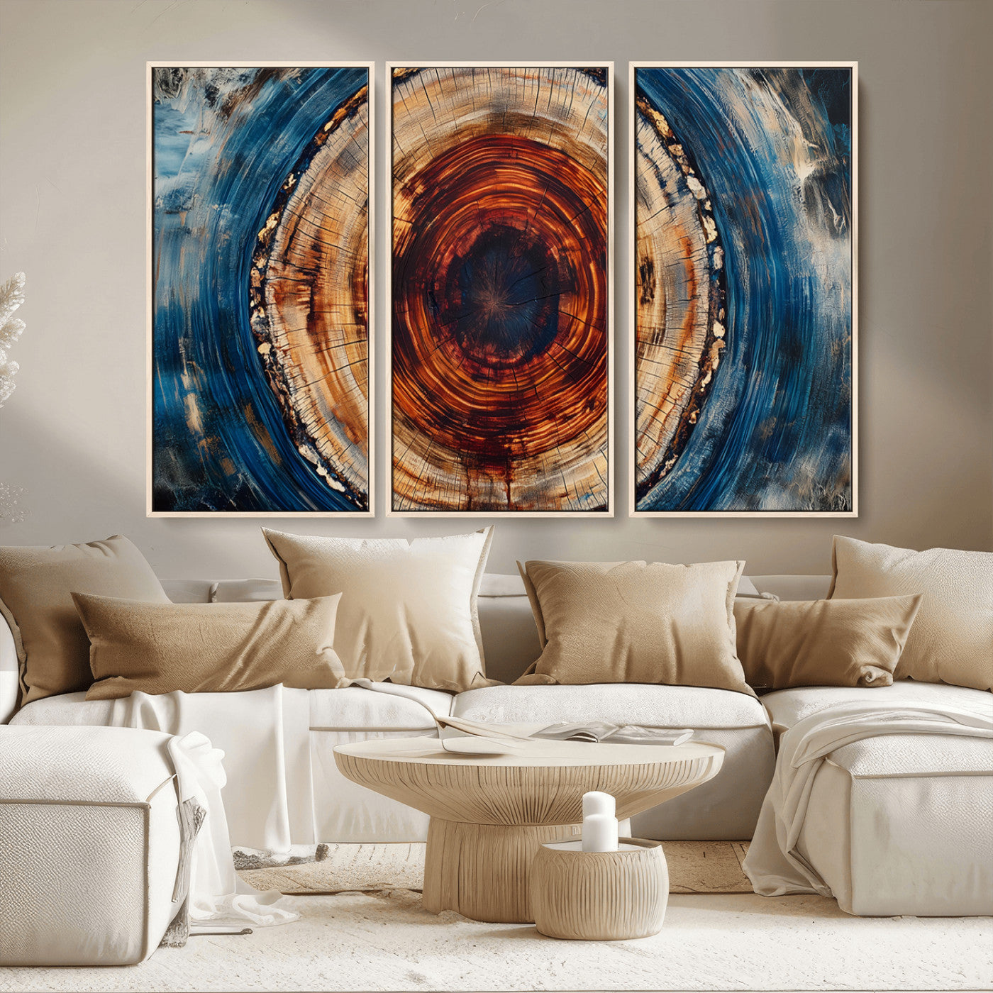 90395-MGV-FC-48X32-3P_Natural-Abstract Framed Tree Rings Wall Decor, Wood Grain Rings Artwork Print, Nature Woodland Modern Wall