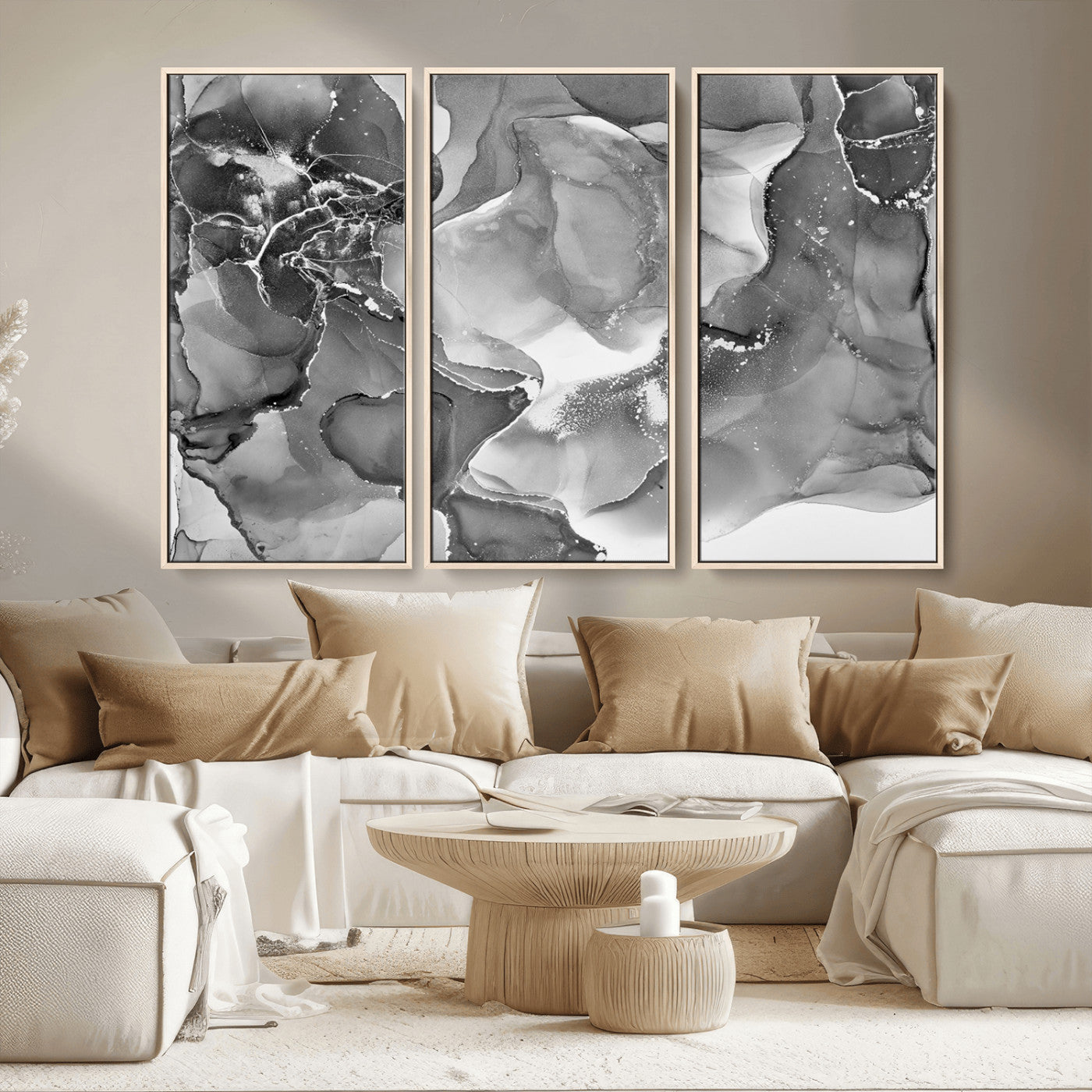 15911-MGV-FC-48X32-3P_Natural-Black White Abstract Canvas Wall Art - Fluid Ink Artwork - Modern Luxury Wall Decor for Contemporary