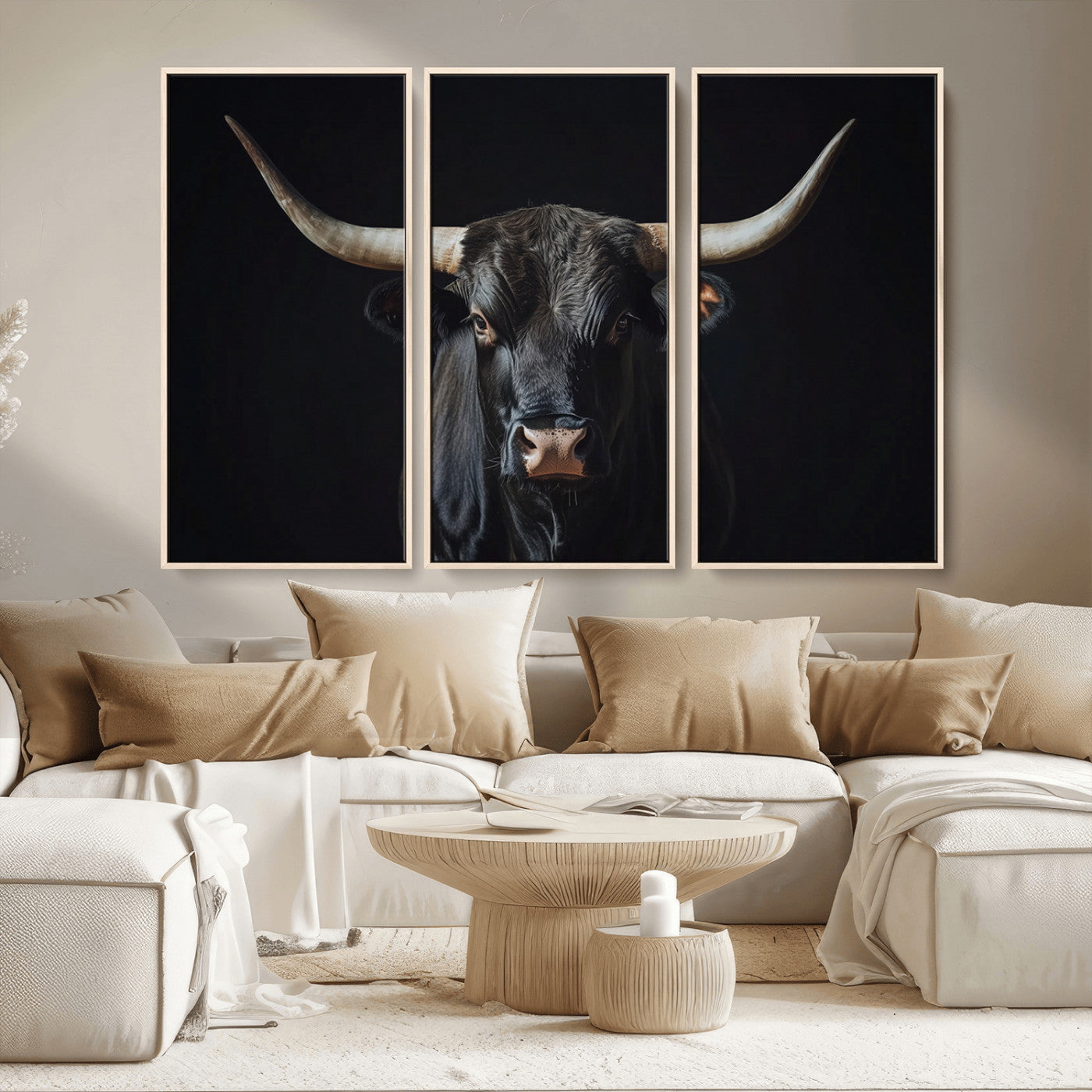 MGV-FC-48X32-3P - Powerful Bull Wall Art – Canvas Print of Intense Stare, Strength and Resolve Captivating Wildlife Home or Office Decor for Guest Room