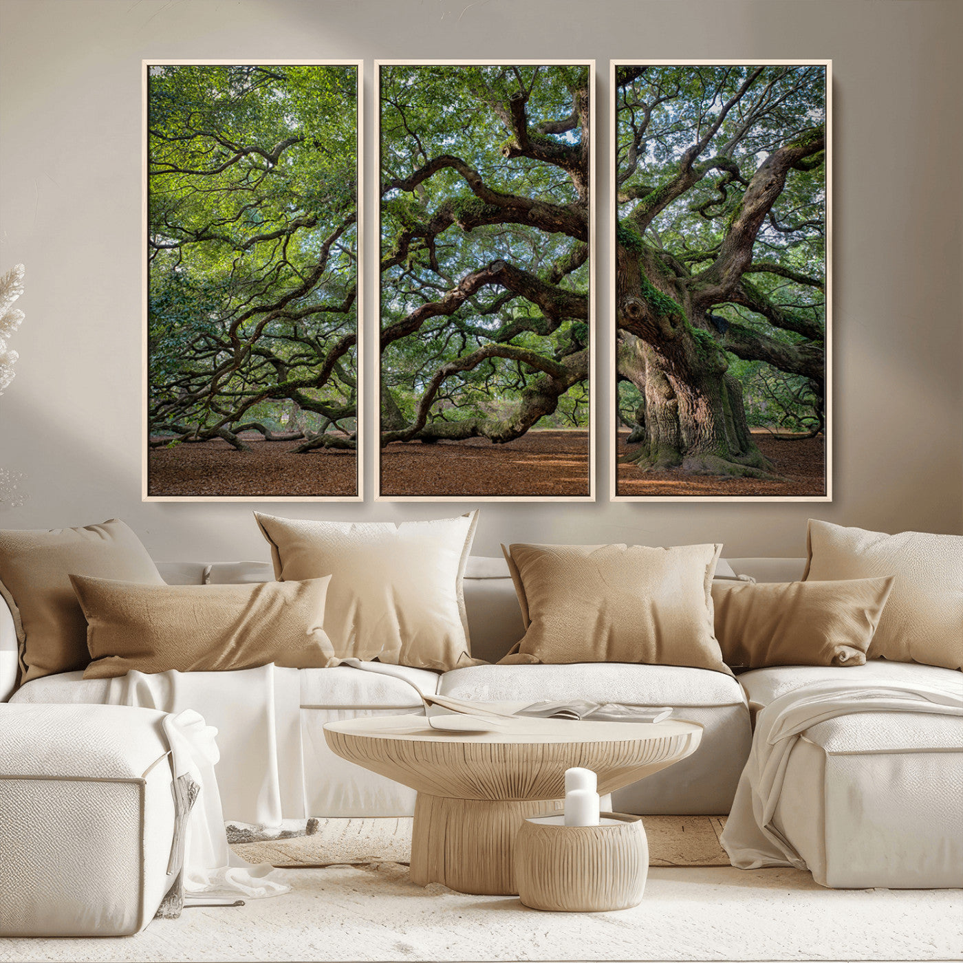 MGV-FC-48X32-3P - Ancient Oak Tree Wall Art – Canvas Print of Expansive Branches Lush Green Canopy, Tranquil Landscape, Majestic Nature Decor for Home or Office