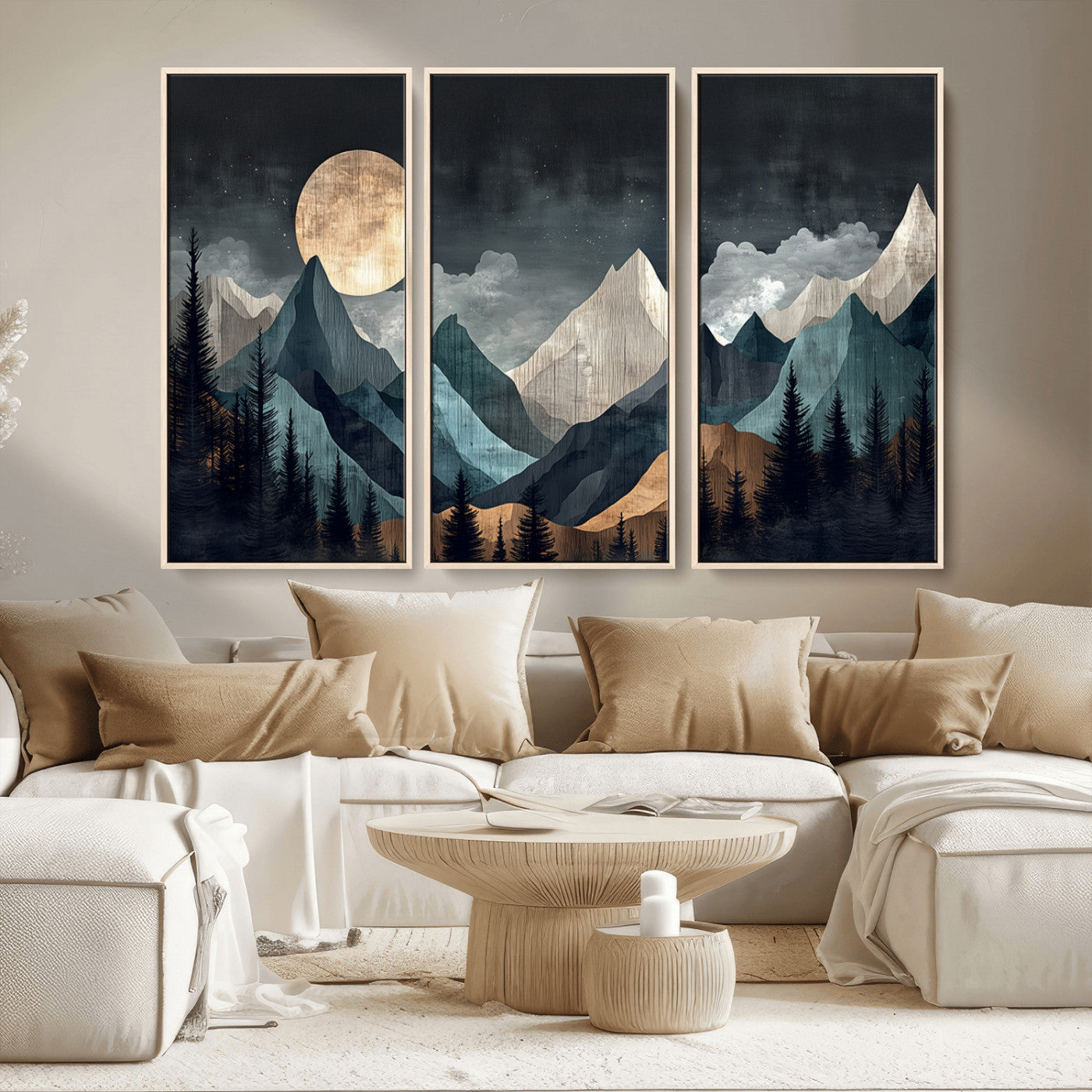 11060882-MGV-CV-36X24-Moonlit Mountain Wall Art Canvas Print – Silhouetted Pines Layered Peaks Tranquil Sky Mist Silver Light Nature Artwork for Home