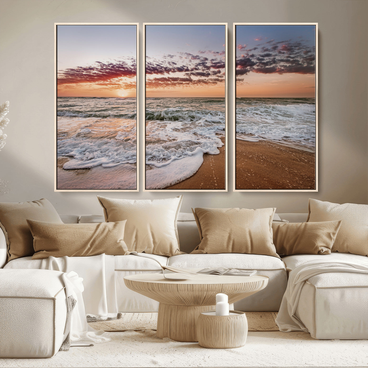 39846389-MGV-FC-48X32-3P_Natural-Ocean Sunset Wall Art Canvas Print – Framed Sandy Shore Gentle Waves Coastal Landscape Minimalist Artwork for Home, Office