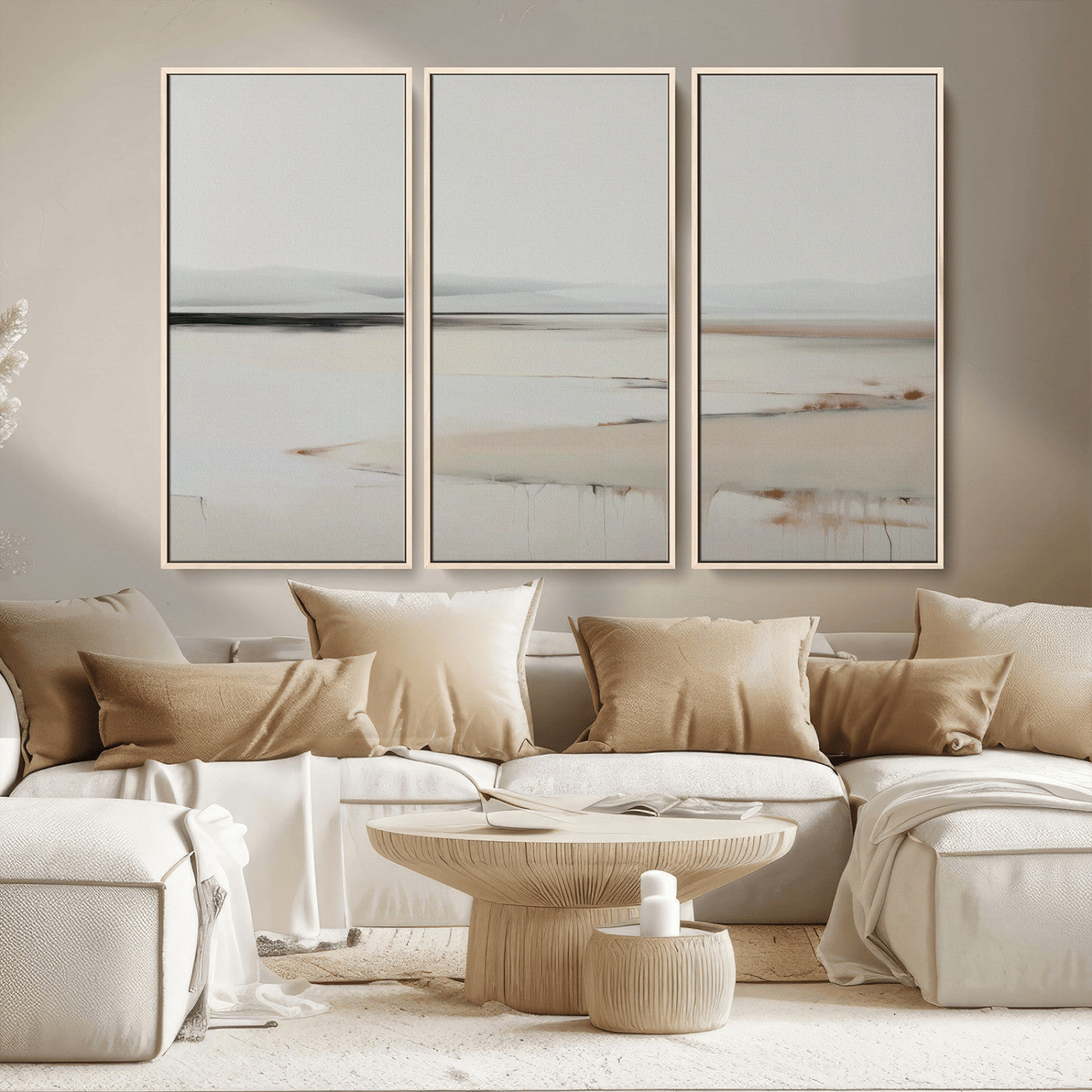 89410095-MGV-FC-48X32-3P_Natural-Minimalist Landscape Wall Art Canvas Print – Framed Soft Horizon Abstract Seascape Earthy Tones Artwork for Home Office