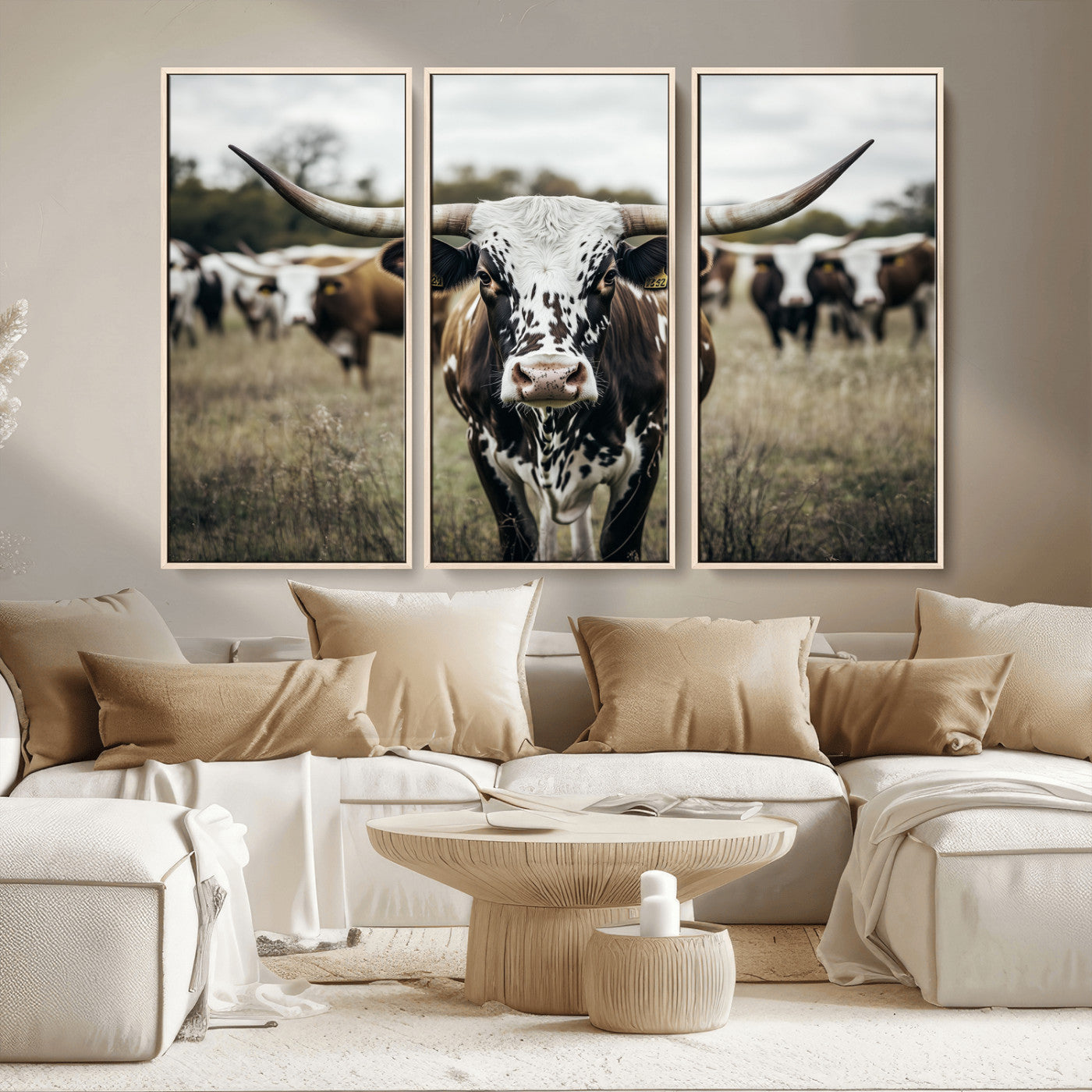 MGV-FC-48X32-3P - Majestic Longhorn Cow Wall Art – Canvas Print of Intricate Fur & Sharp Horns Earthy Tones Serene Landscape, Rustic Charm Decor for Living Room, Office or Bedroom