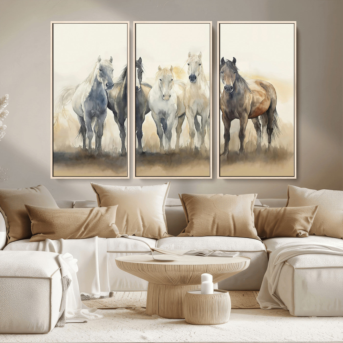 MGV-FC-48X32-3P - Wild Horses Wall Art Canvas Print, Framed Running Horses Art Picture Print, Watercolor Horses Perfect Rustic Western Decor Artwork
