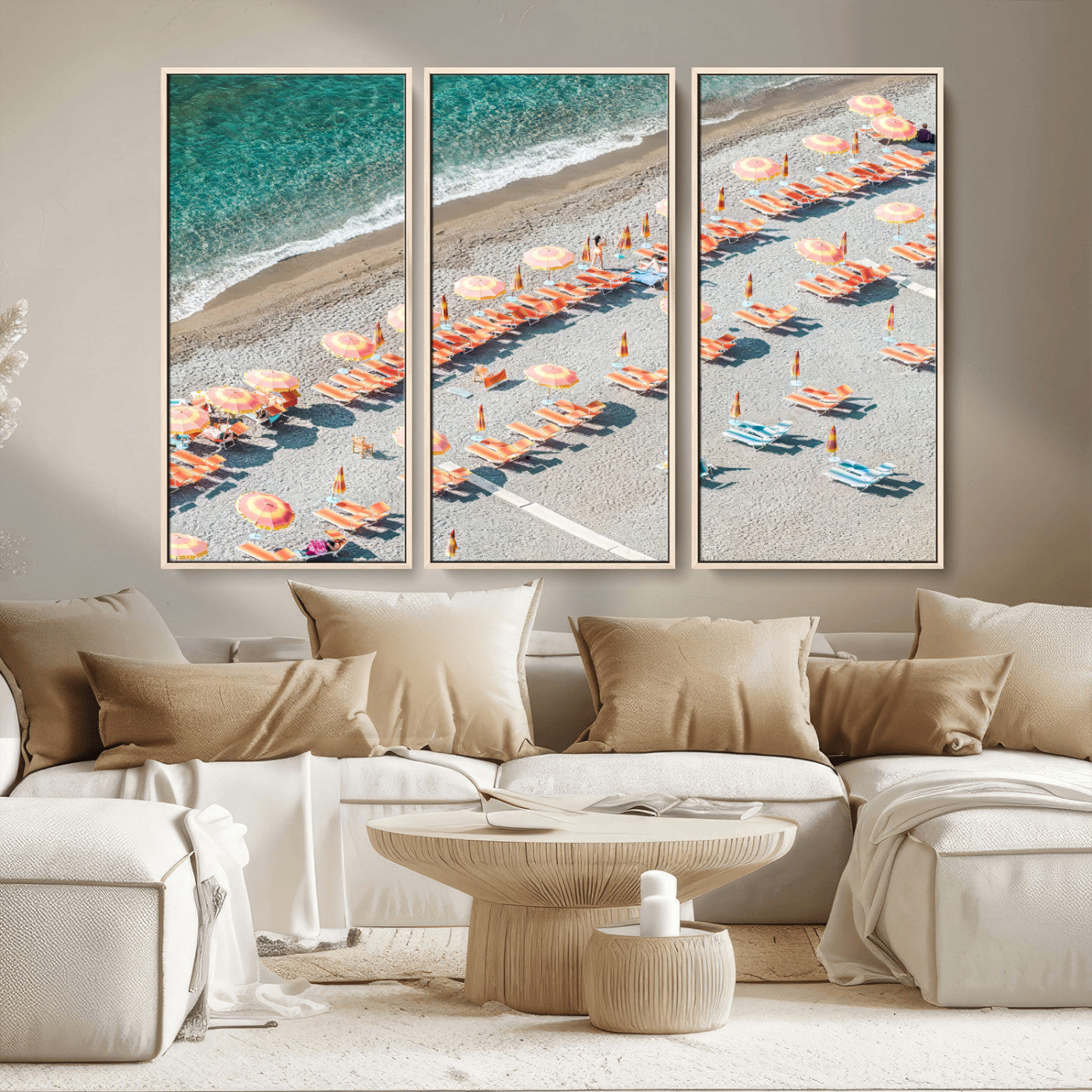 27805351-MGV-CV-36X24 - Beach Umbrellas Wall Art – Orange Loungers & Turquoise Water Canvas Print, Sandy Shore and Summer Vibes