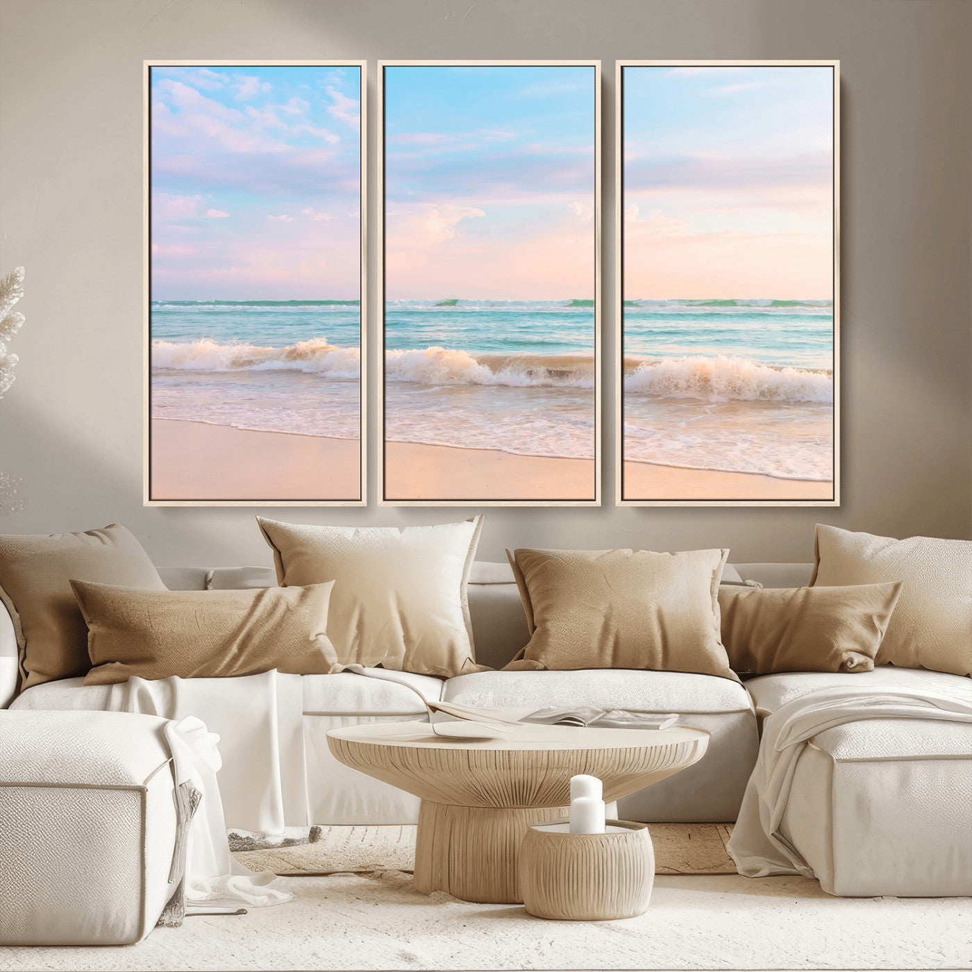 74679437-MGV-CV-36X24 - Serene Waves Wall Art – Golden Shore & Soft Pastel Sky Canvas Print, Gentle Ocean and Peaceful Sunset for Living Room or Office