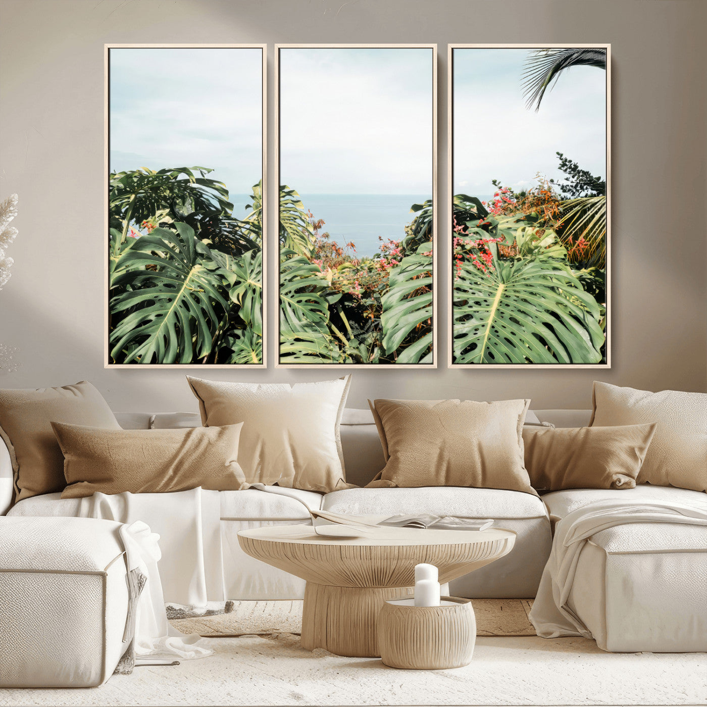 45700479-MGV-CV-36X24 - Tropical Greenery Wall Art – Exotic Leaves & Ocean View Canvas Print, Sunlit Paradise and Vibrant Nature for Living Room or Coastal Decor