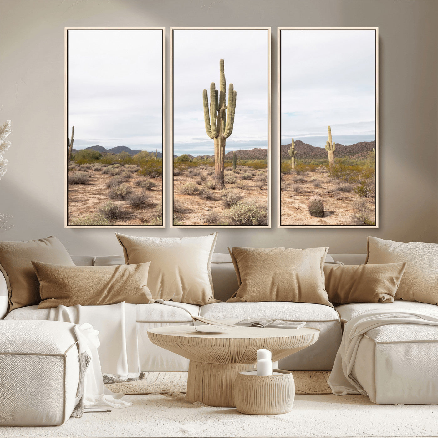 MGV-FC-48X32-3P - Saguaro Cactus Wall Art Canvas Print, Framed Desert Cactus Art Picture Print, Earthy Desert Perfect Southwestern Boho Decor Artwork