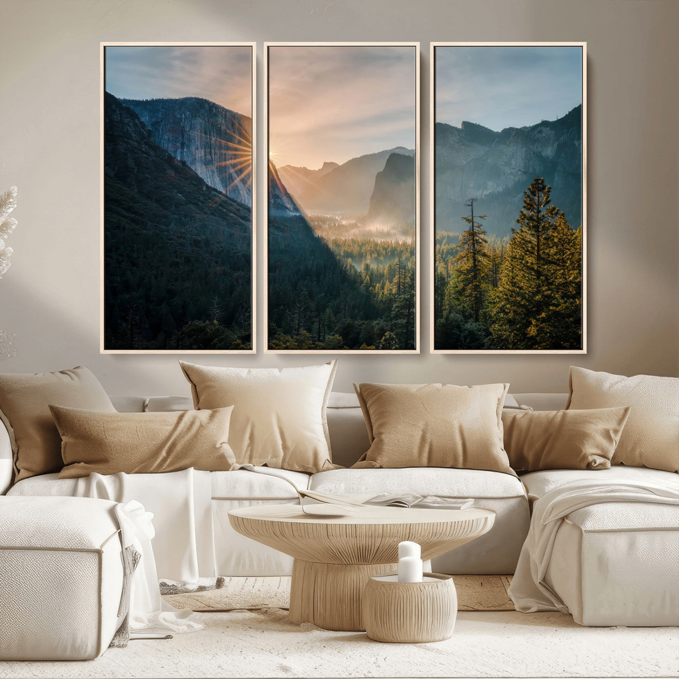 51605481-MGV-CV-36X24 - Yosemite Valley Wall Art – Misty Forest Peaks Canvas Print, Radiant Light, Tranquil Nature Landscape for Living Room or Cabin Decor