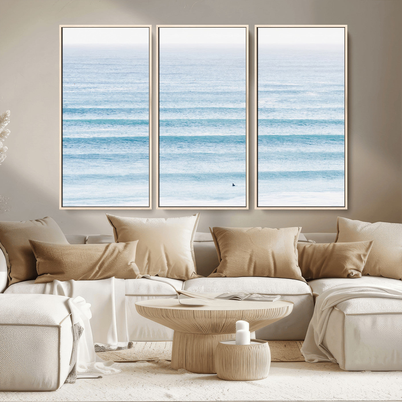 77145995-MGV-CV-36X24-Ocean Wave Surfer Wall Art – Framed Minimal Seascape Canvas Artwork, Calm Blue Water Design, Coastal Decor for Home, Office