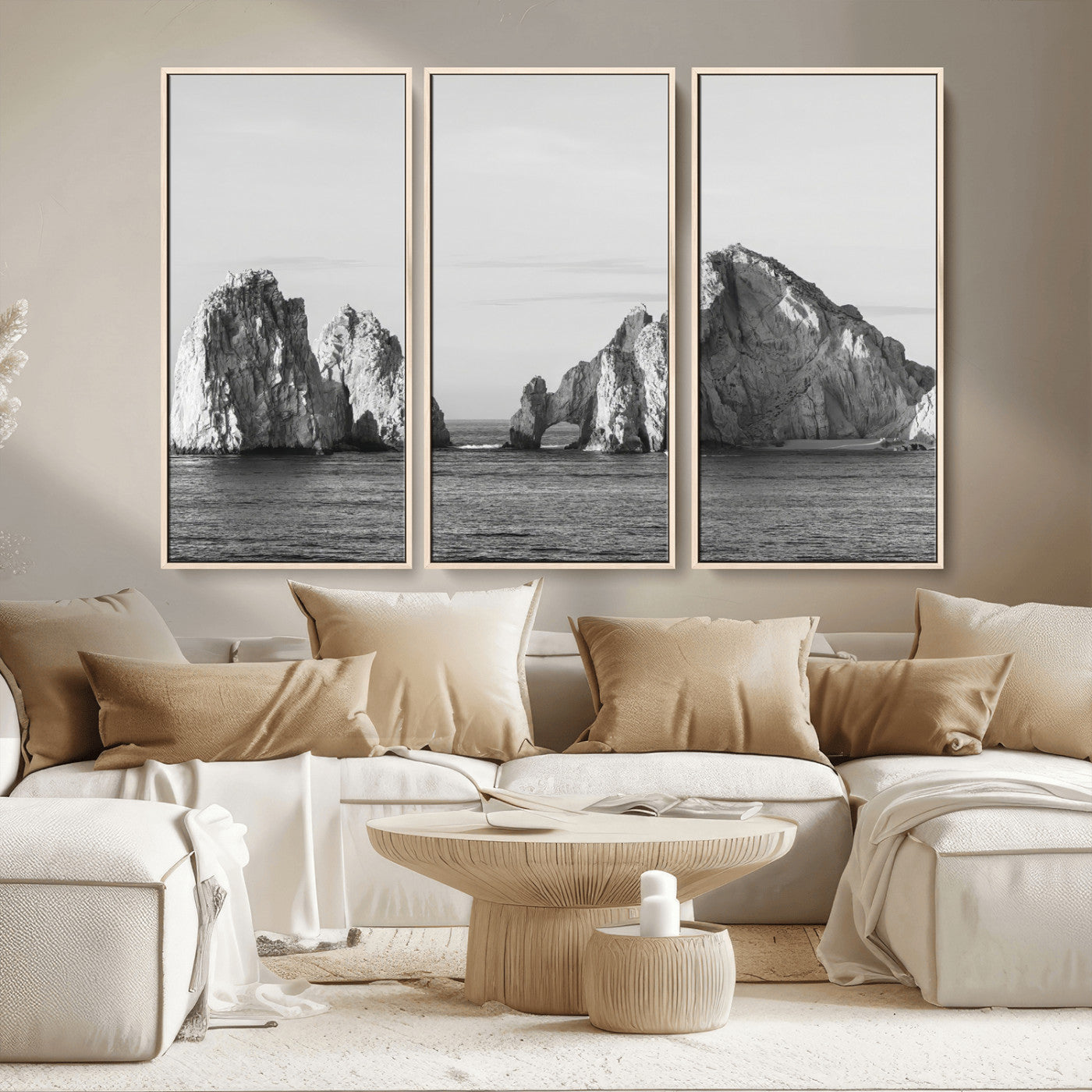 MGV-FC-48X32-3P - Rugged Coastline Wall Art Canvas Print, Framed Ocean Cliffs Art Picture Print, Monochrome Seascape Perfect Coastal Minimalist Decor Artwork