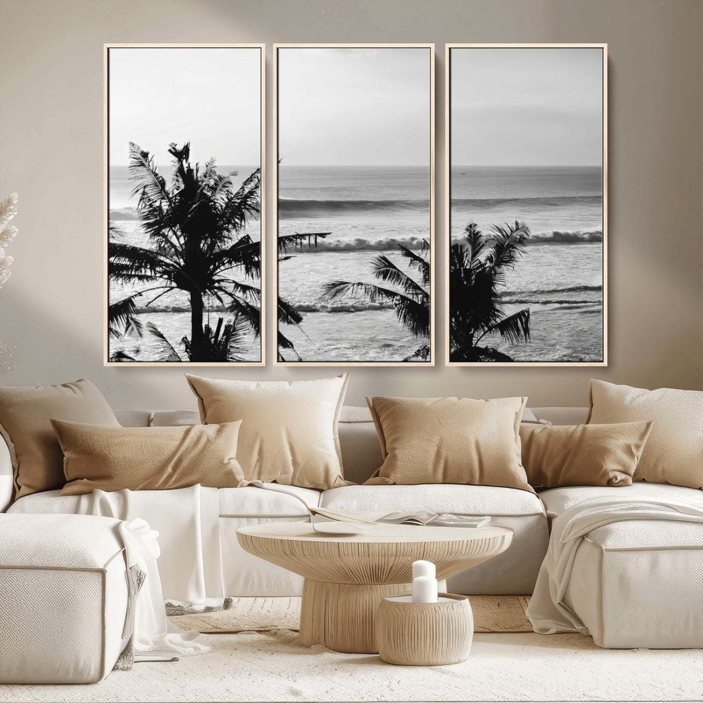 17508038-MGV-FC-48X32-3P_Natural-Tropical Coastline Wall Art Canvas Print – Framed Palm Trees Scene with Ocean Waves Artwork for Home, Office