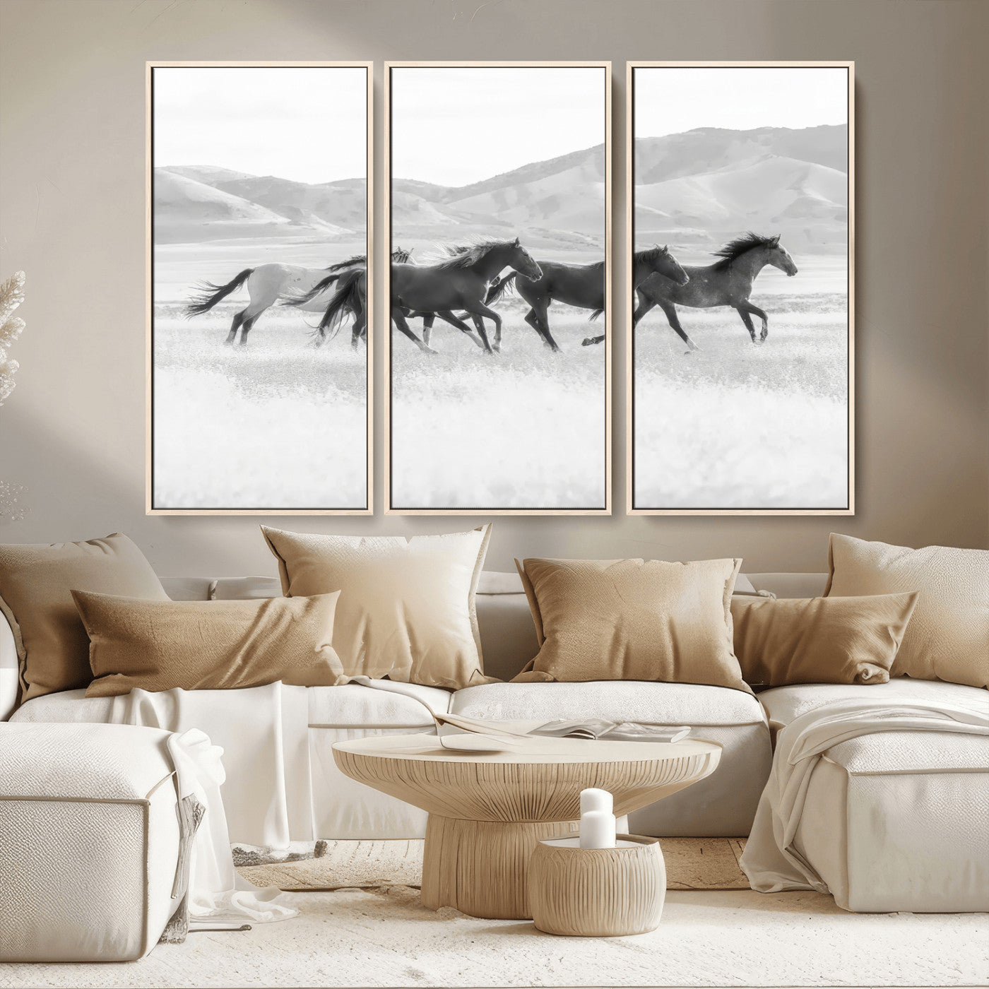 MGV-FC-48X32-3P - Wild Horses Wall Art – Black & White Canvas Print of Herd Running, Nature in Motion, Freedom & Beauty Decor for Guest Room, Office or Living Room