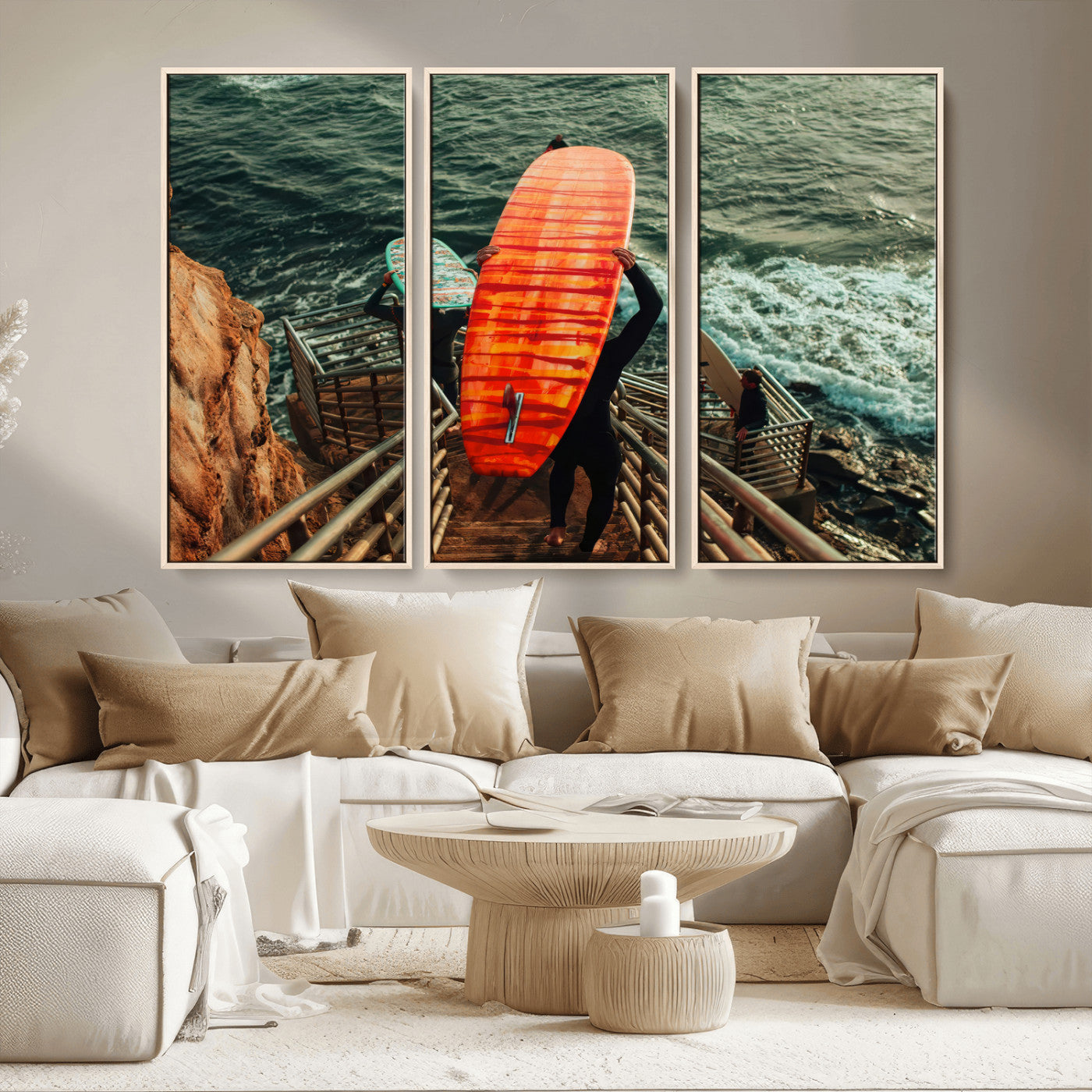 MGV-FC-48X32-3P - Surfer Stairway Wall Art Canvas Print, Framed Ocean Surf Art Picture Print, Sunset Coastal Perfect Coastal Adventure Decor Artwork