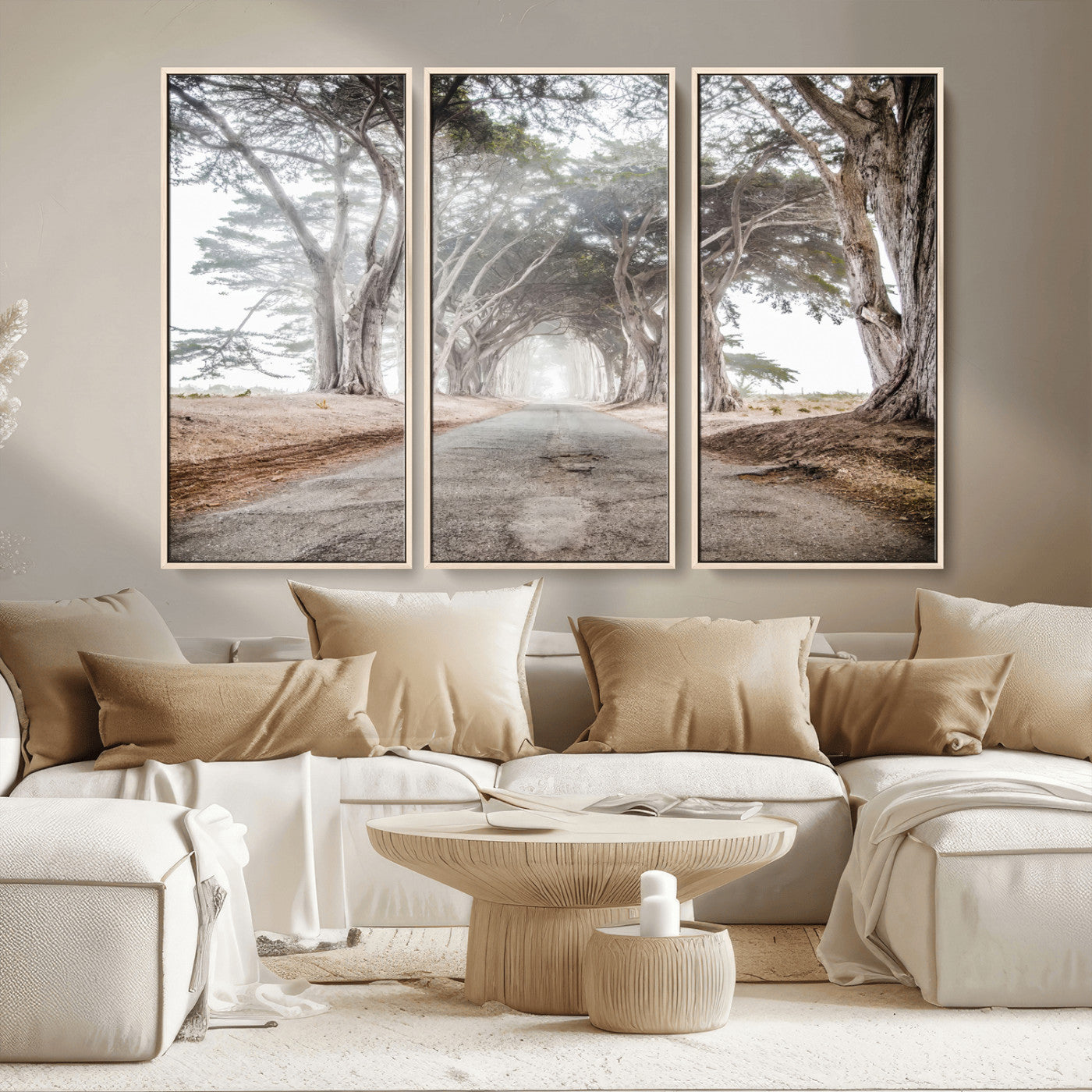 87090469-MGV-CV-36X24-Cypress Tunnel Wall Art – Framed Misty Road Canvas Artwork, Foggy Trees Design, Rustic Woodland Nature Decor for Home, Office