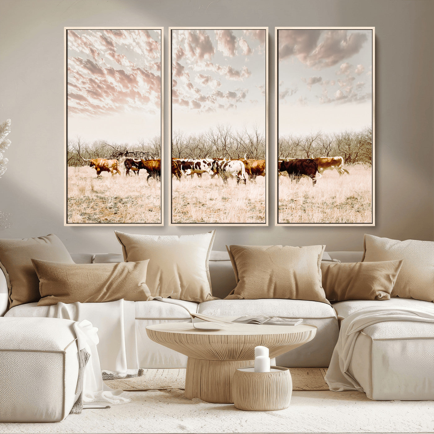 -Longhorn Cattle Wall Art Canvas Print, Framed Texas Ranch Art Picture Print, Western Cow Perfect