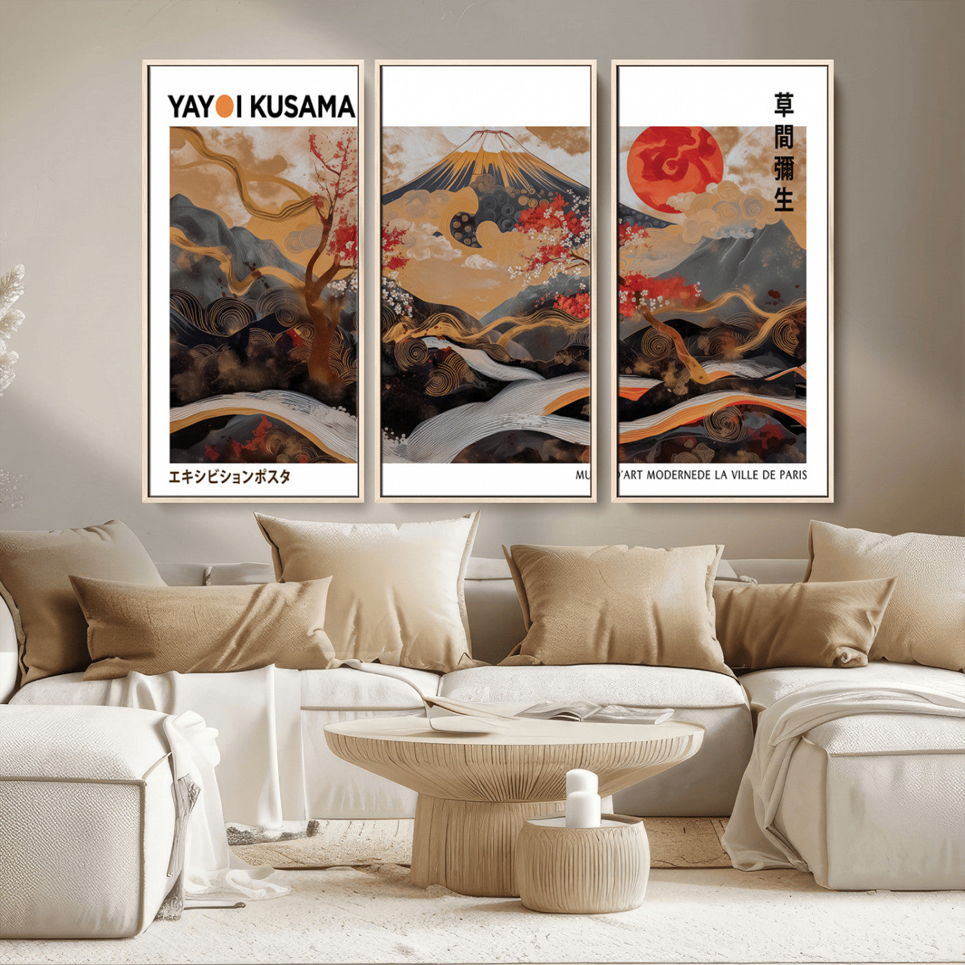 40959107-MGV-CV-36X24-Modern Japanese Wall Art Canvas Print – Framed Abstract Mount Fuji Scene Inspired Yayoi Kusama for Home, Office
