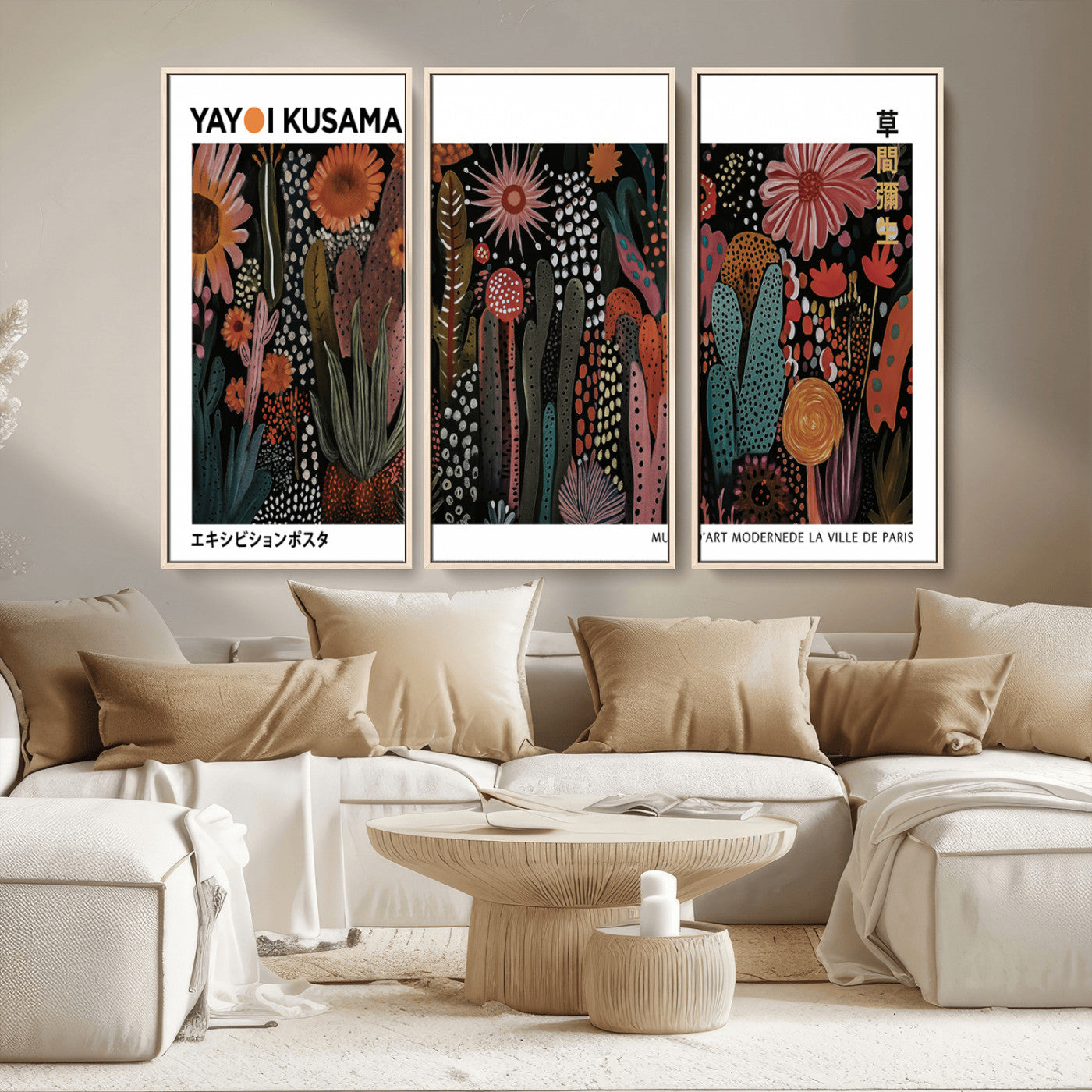 70632622-MGV-CV-36X24-Modern Japanese Wall Art Canvas Print – Framed Abstract Mount Fuji Scene with Yayoi Kusama Artwork for Home, Office