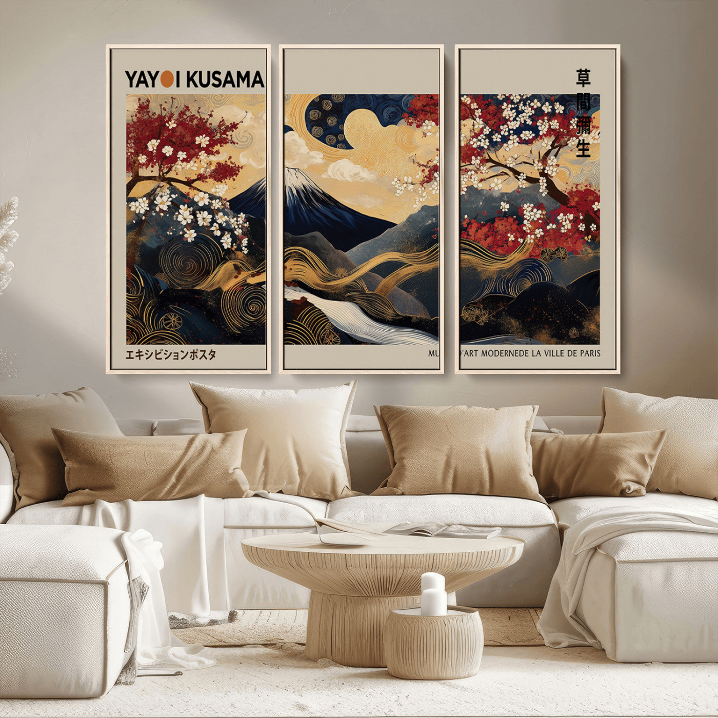 54967195-MGV-CV-36X24-Modern Japanese Wall Art Canvas Print – Framed Abstract Mount Fuji Scene with Yayoi Kusama Japanese Artwork for Home, Office