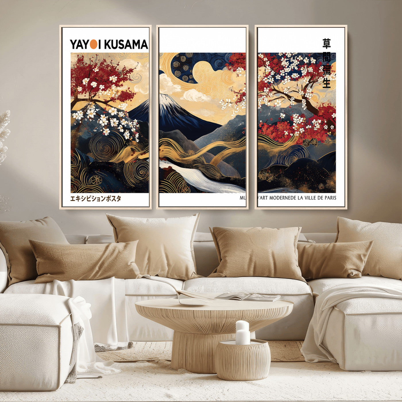 66243961-MGV-CV-36X24-Modern Mount Fuji Wall Art Canvas Print – Framed Abstract Mount Fuji Scene with Yayoi Kusama Artwork for Home, Office