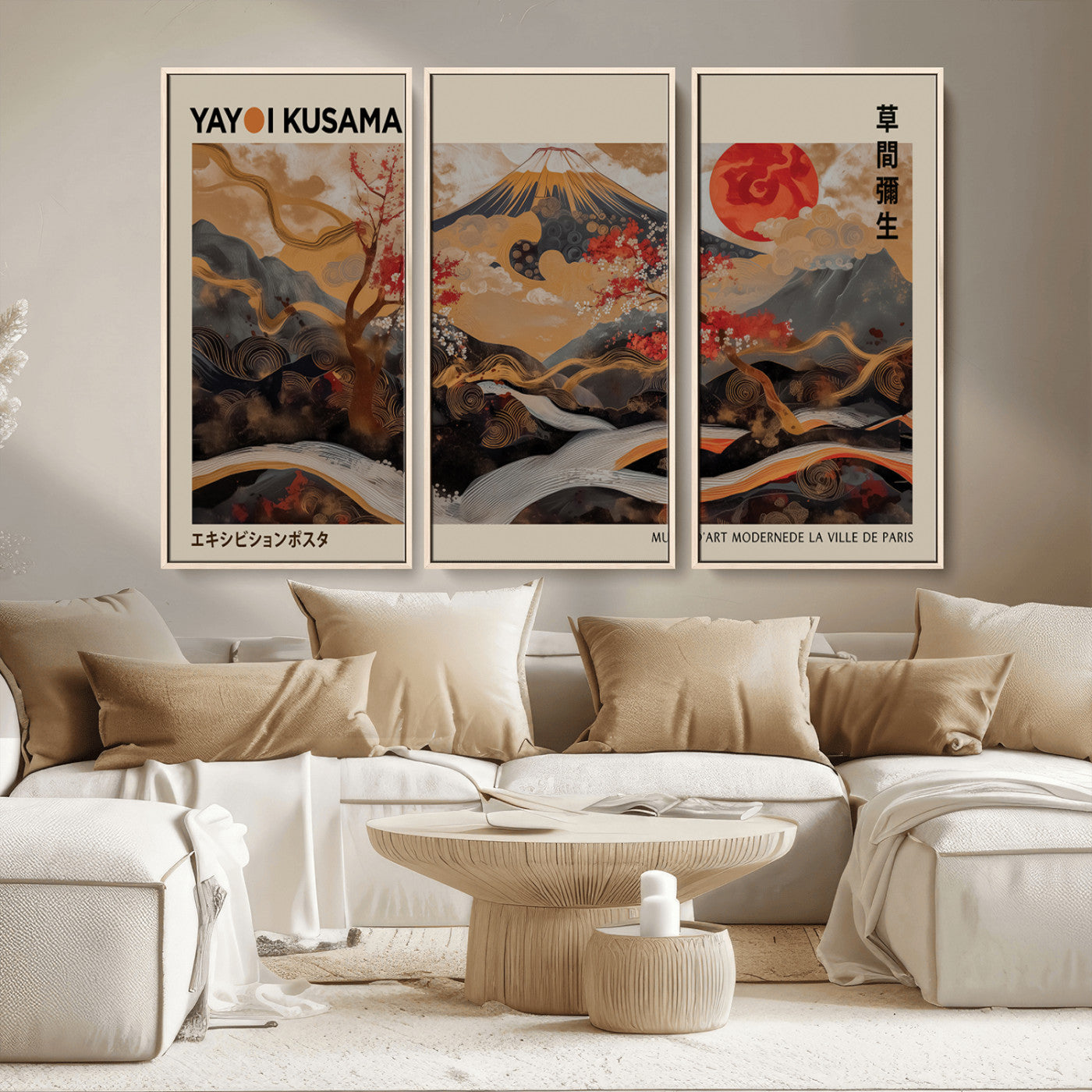 77970791-MGV-CV-36X24-Modern Japanese Wall Art Canvas Print – Framed Abstract Mount Fuji Scene with Yayoi Kusama Artwork for Home, Office