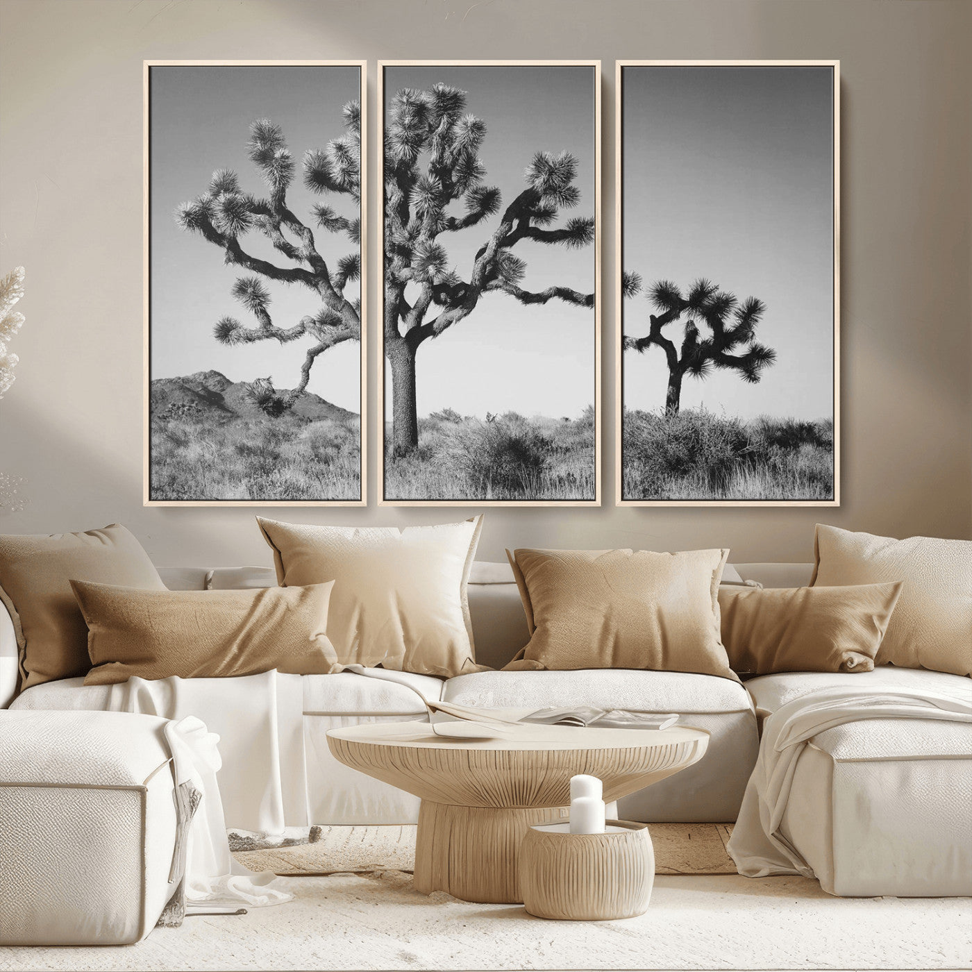 93692513-MGV-FC-48X32-3P_Natural-Joshua Tree Wall Art Canvas Print – Framed Monochrome Desert Minimalist Nature Scene Southwestern Artwork for Home Office