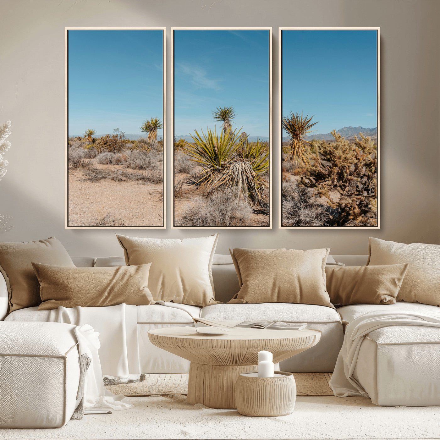 35156165-MGV-FC-48X32-3P_Natural-Joshua Tree Wall Art Canvas Print – Framed Desert Landscape Warm Earth Tones Southwestern Minimalist Artwork for Home, Office