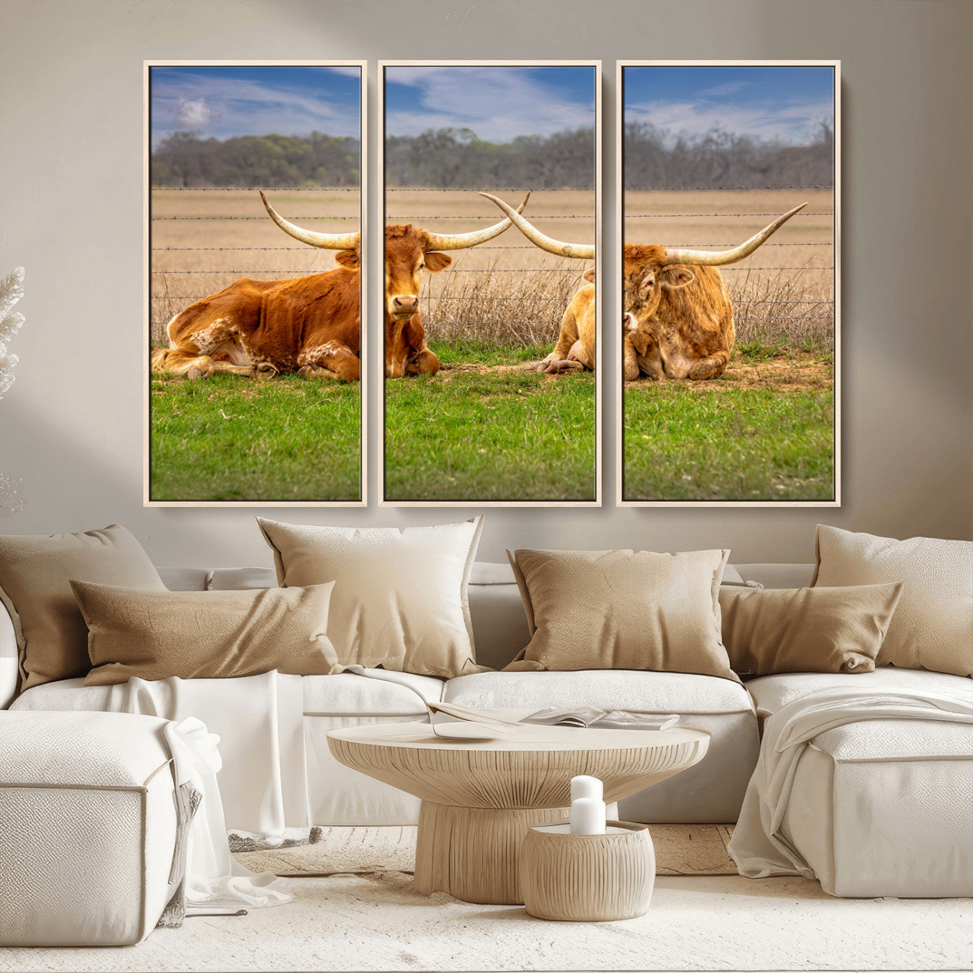 -Texas Longhorn Pair Wall Art Canvas Print – Peaceful Rustic Ranch Scene with Two Cattle Field Western Artwork for Home Office