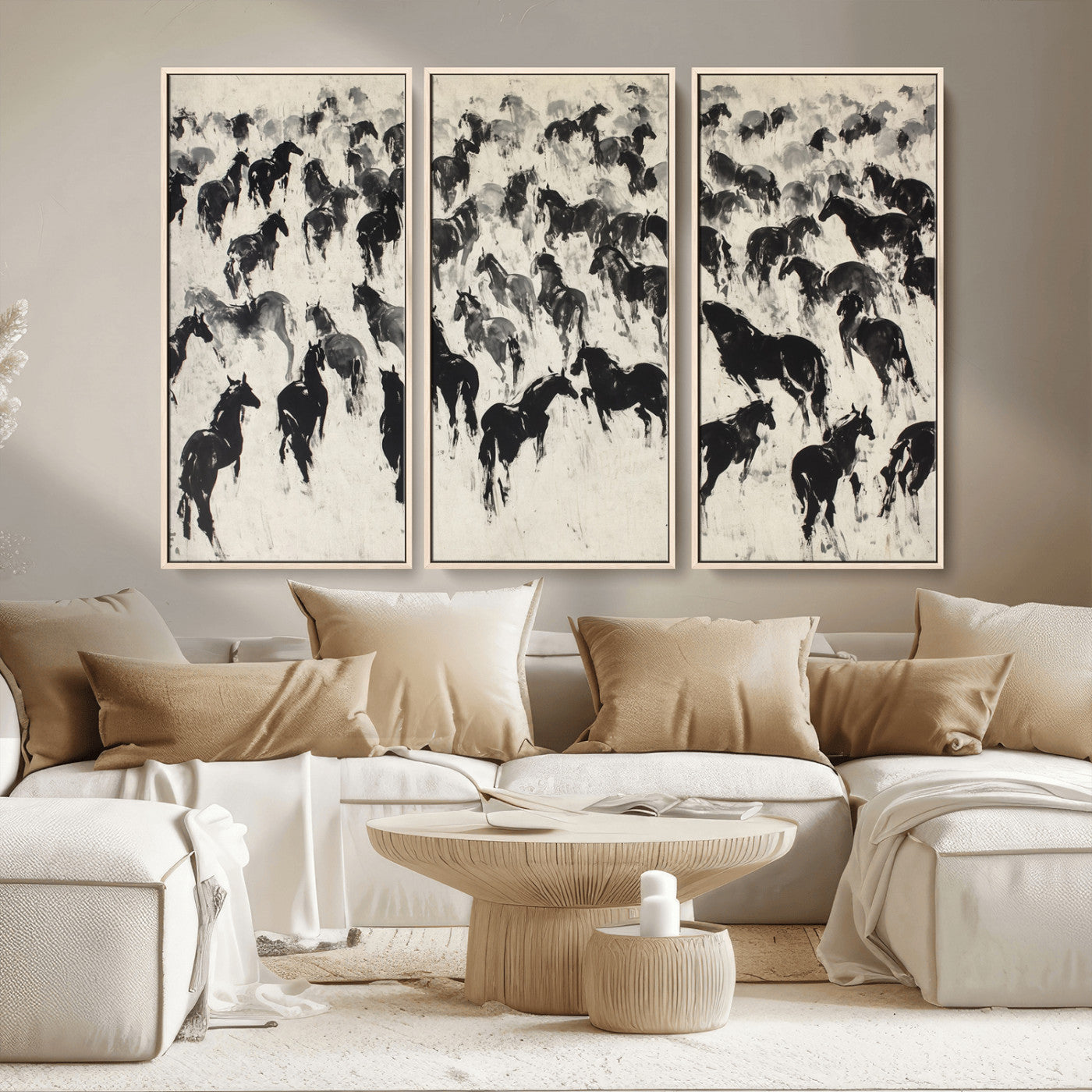 -Wild Horse Stampede Wall Art Canvas Print – Monochrome Running Horses Dynamic Motion Elegant Scene Artwork for Home, Office