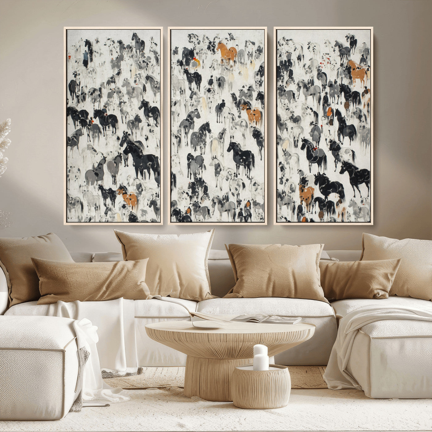 56463722-MGV-CV-36X24-Wild Horse Stampede Wall Art Canvas Print – Monochrome Running Horses Dynamic Motion Elegant Scene Artwork for Home, Office