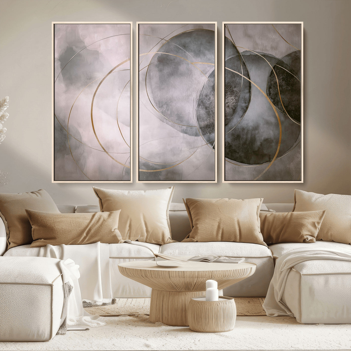 20066876-MGV-CV-36X24-Abstract Grey Gold Circle Wall Art – Modern Geometric Canvas Artwork, Minimal Elegant Design, Luxury Wall Decor for Home, Office