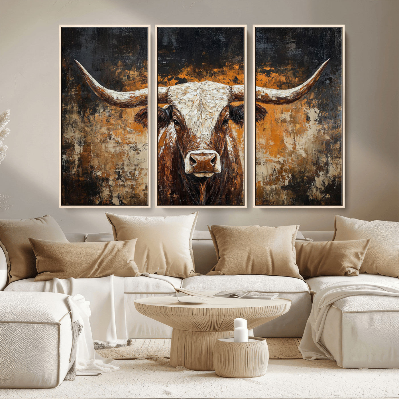25265572-MGV-CV-36X24-Rustic Longhorn Bull Wall Art Canvas Print – Vintage Western Cattle Scene, Texas Steer Artwork for Home, Office
