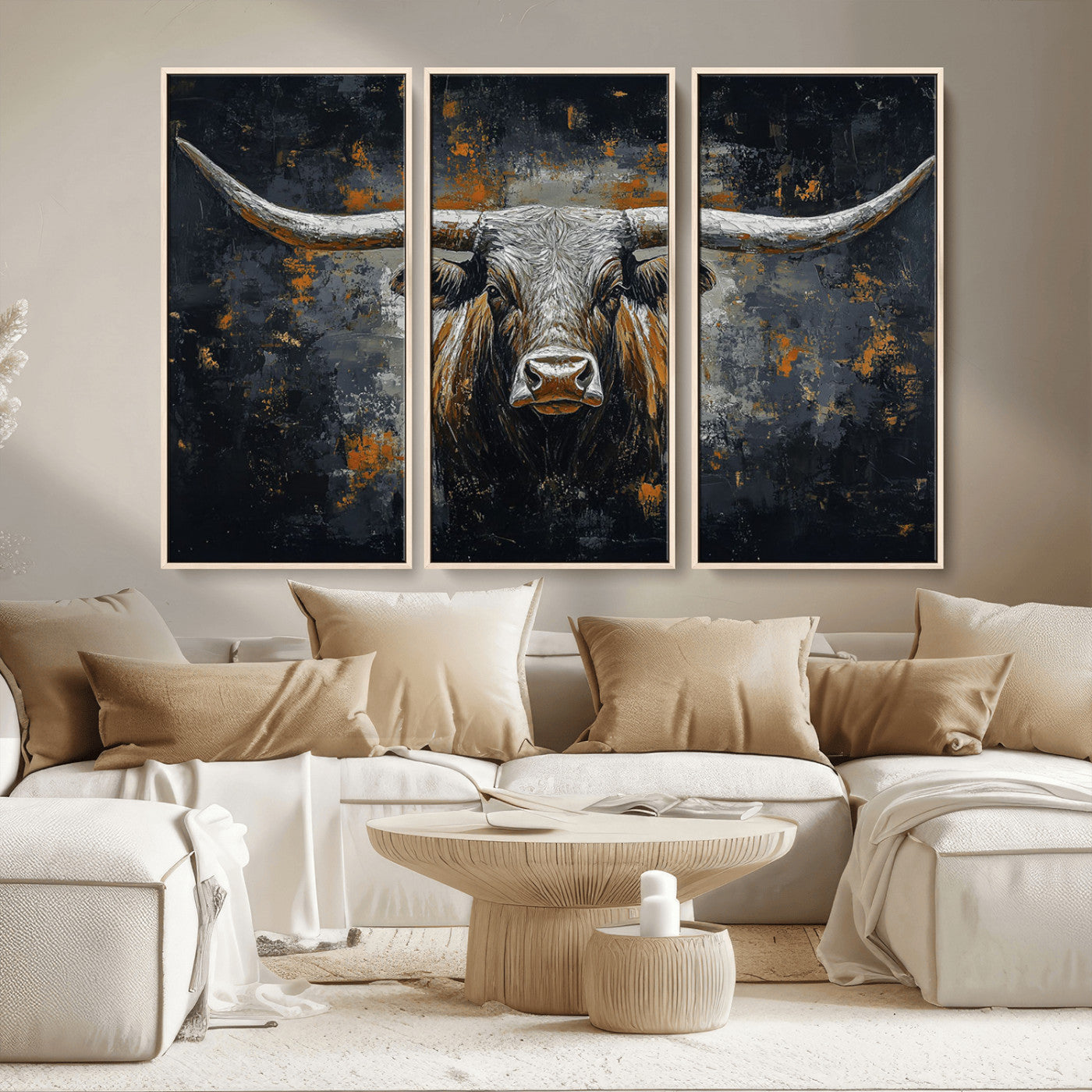93195031-MGV-CV-36X24-Rustic Longhorn Bull Wall Art Canvas Print – Vintage Western Cattle Scene, Texas Steer Artwork for Home, Office