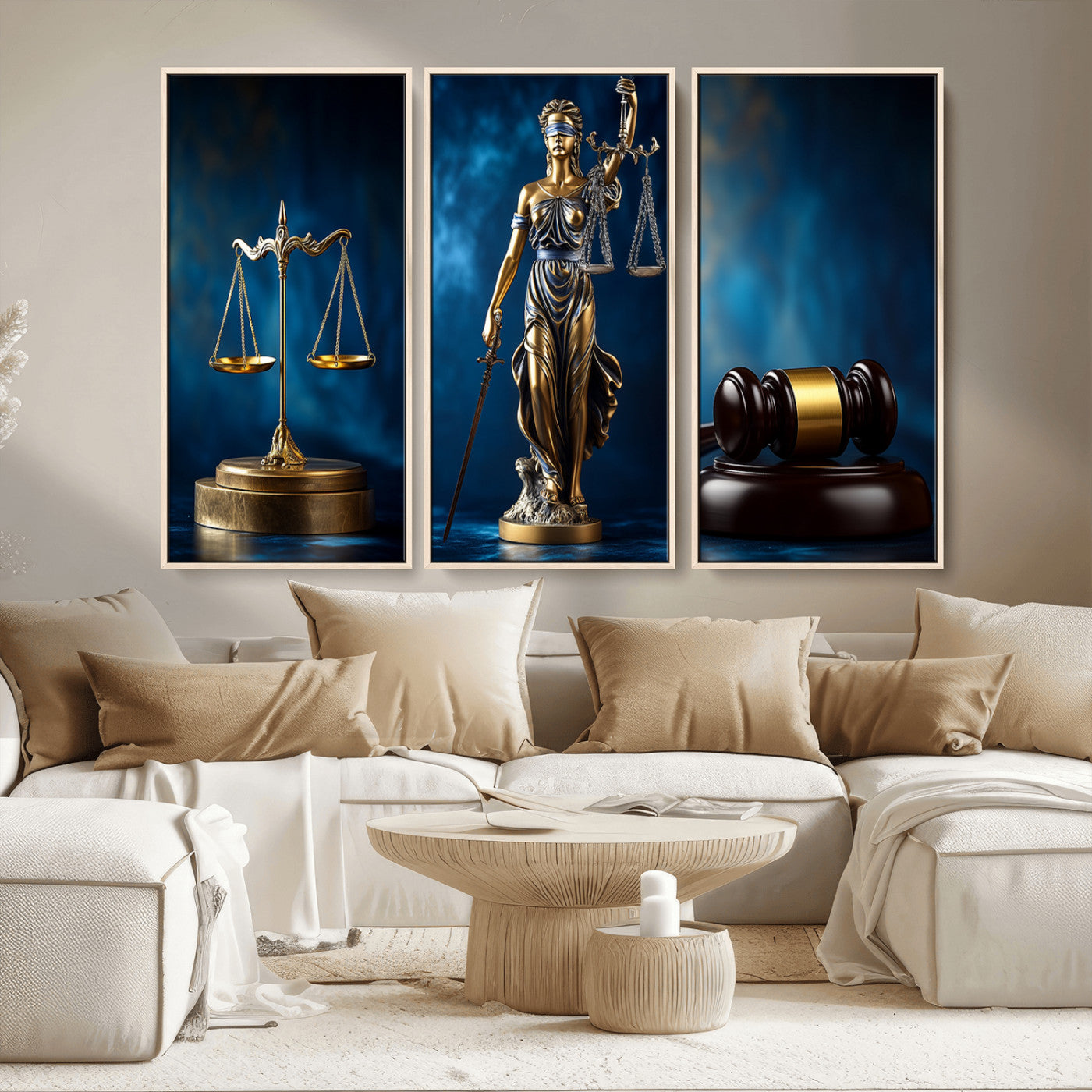 33888279-MGV-FP-36X24-3P_Walnut-Lady Justice Wall Art Canvas Print – Elegant Gold Legal Symbols Blue Background, Perfect for Law