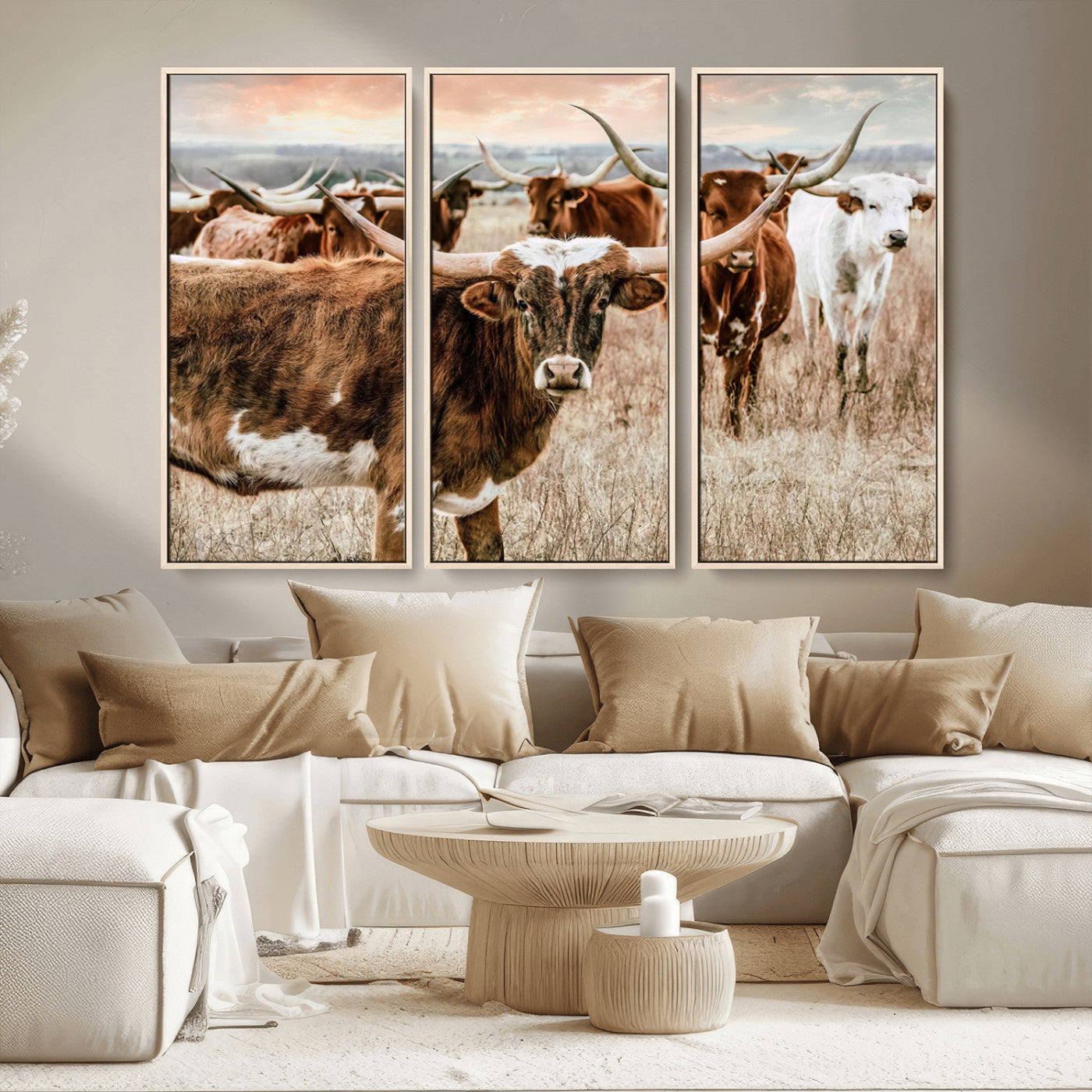 -Texas Longhorn Cattle Wall Art Canvas Print – Rustic Western Ranch Scene with Steers Sunset for Home, Office