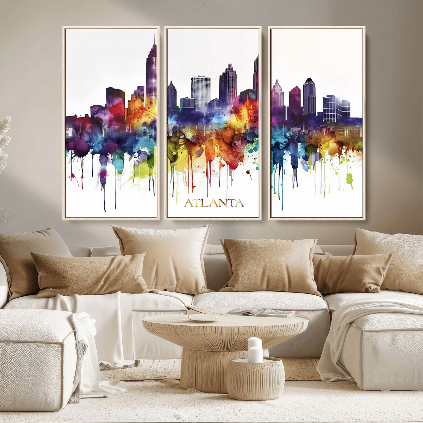 36048320-MGV-CV-36X24-Atlanta Skyline Wall Art Canvas Print – Framed Colorful Watercolor Cityscape Abstract Urban Artwork for Home, Office