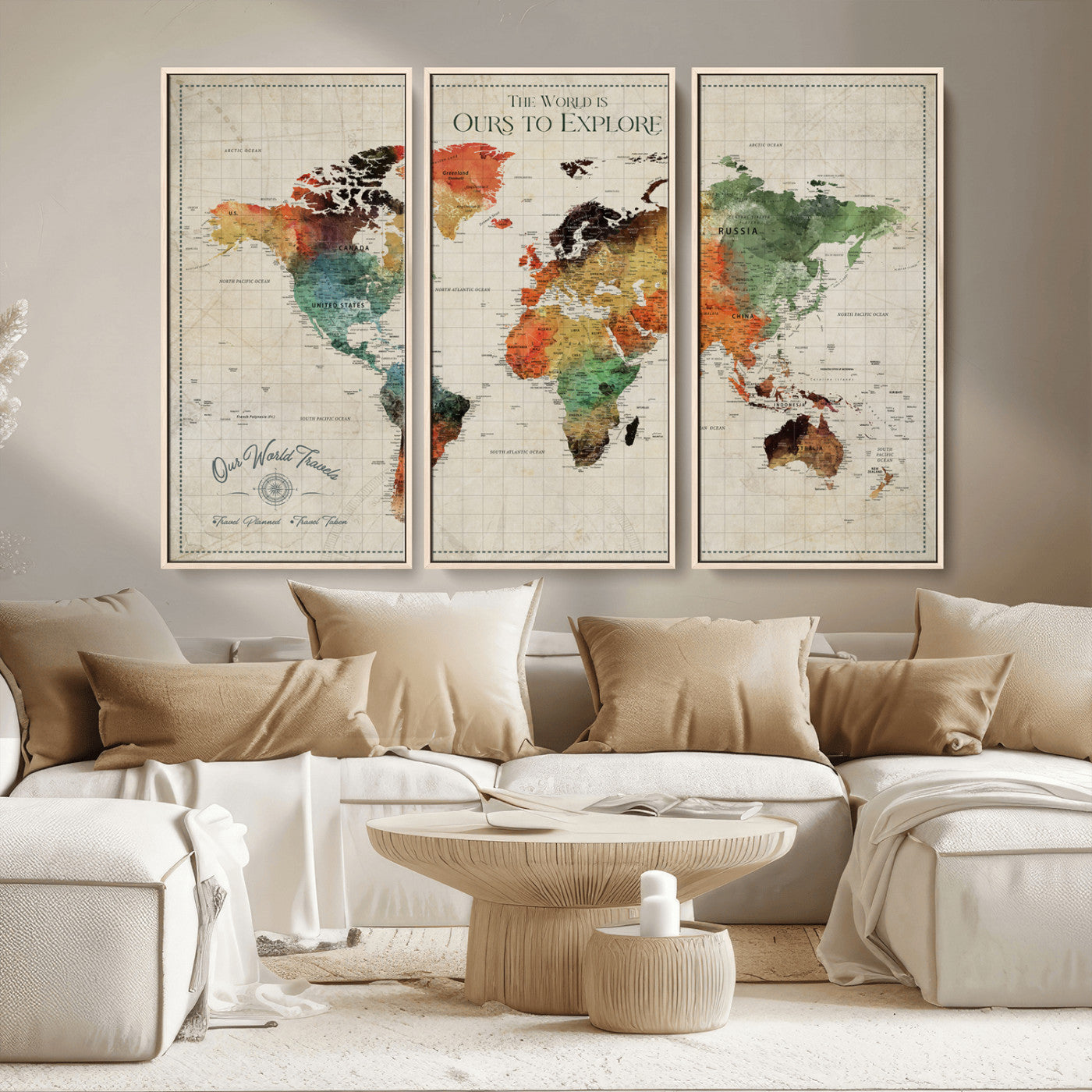 Rehber01-MGV-CV-36X24-Custom Push Pin World Map Wall Art Canvas Print – Personalized Travel Tracker Map Framed Artwork for Home Office