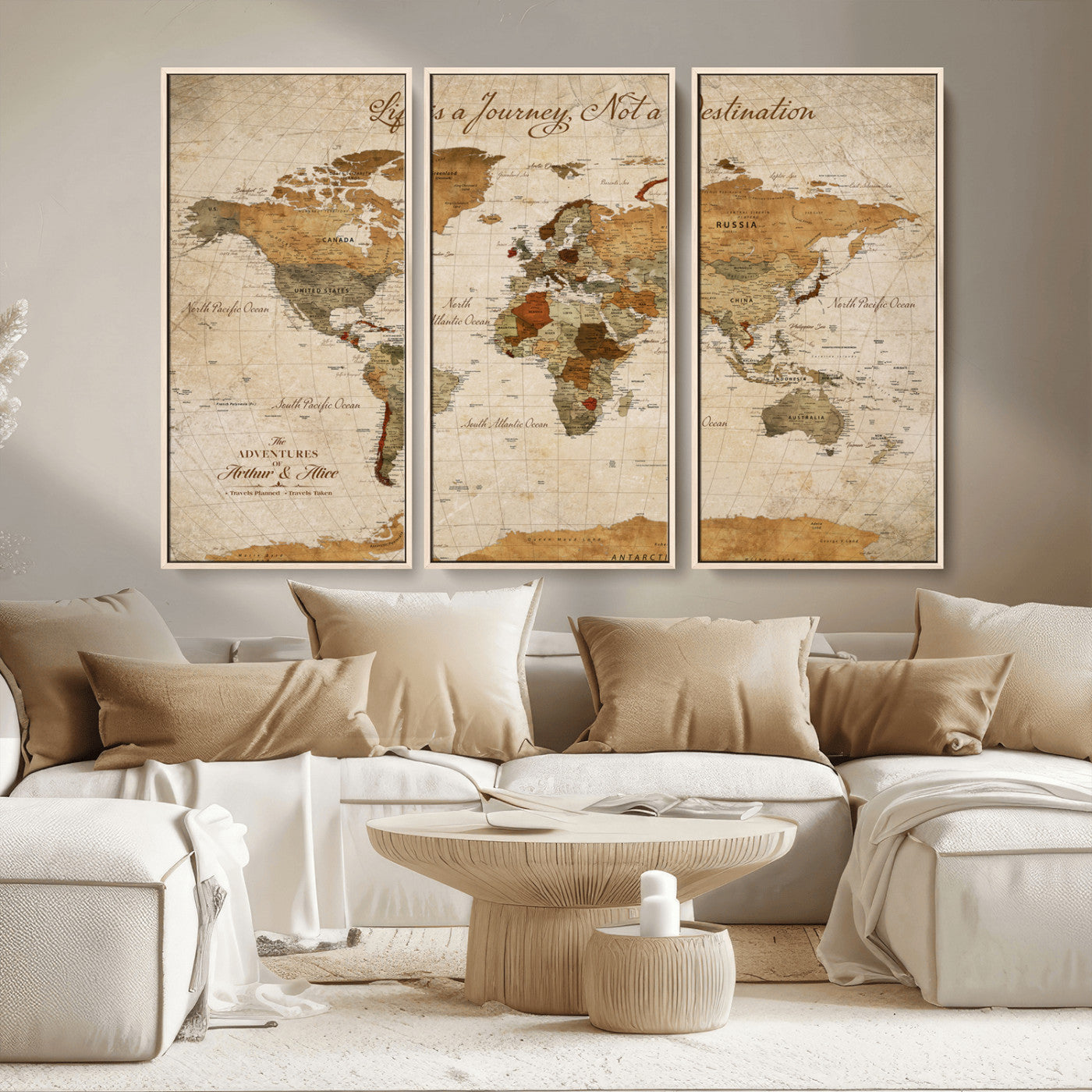 Rehber01-MGV-CV-36X24-Personalized Vintage World Map Canvas – Custom Framed Push Pin Travel Map Wall Art, Rustic Gift for Couples and Travel Lovers