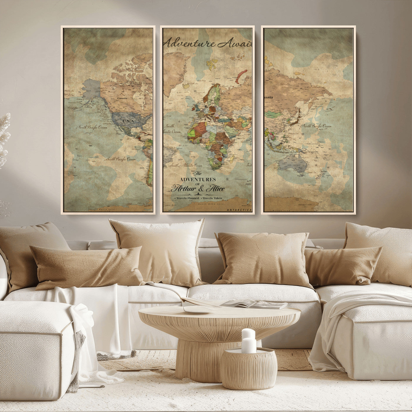 Rehber01-MGV-CV-36X24-Personalized Vintage World Map Canvas Print – Custom Push Pin Travel Map Antique Style Gift for Couples Travelers for Home Office