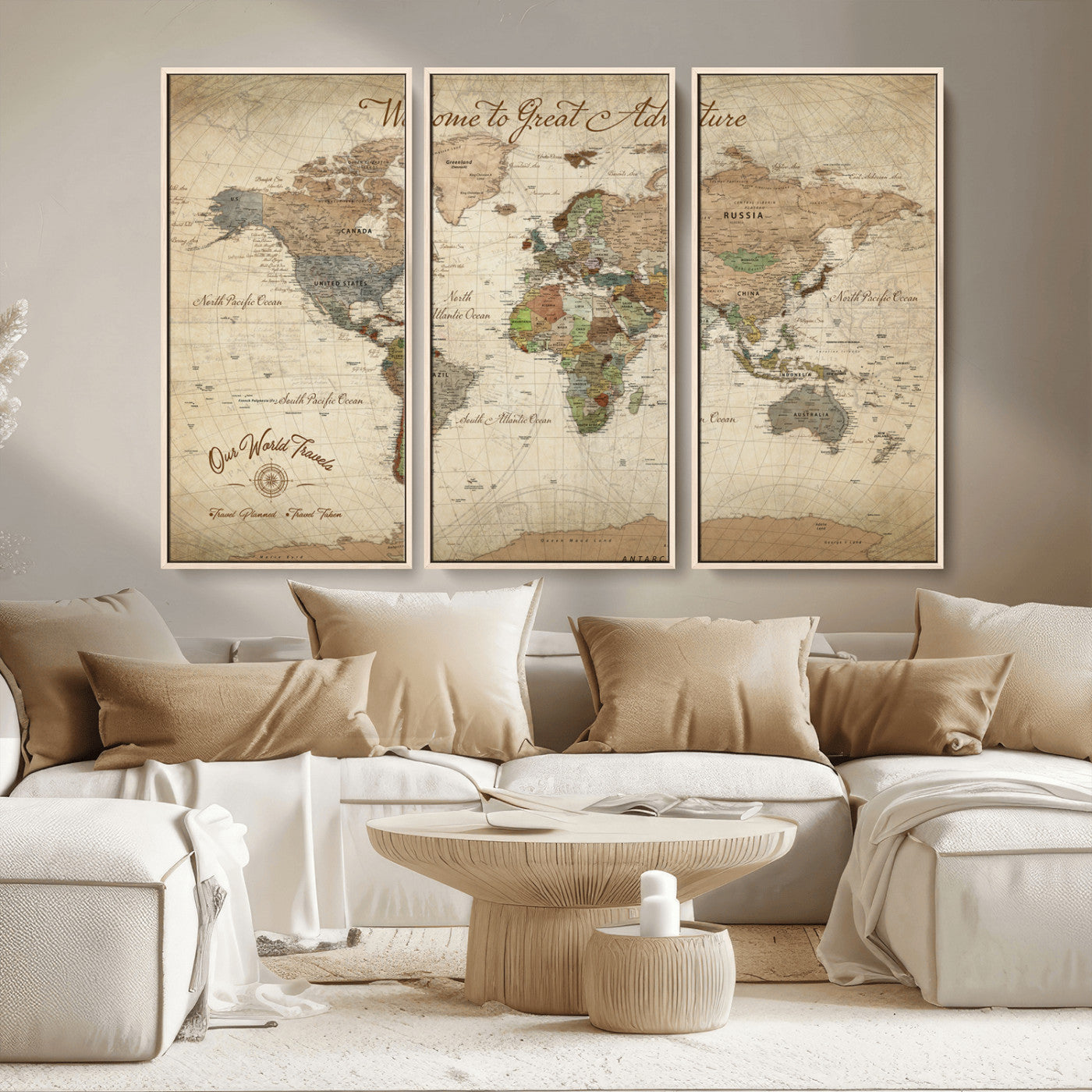 -Personalized Antique World Map Canvas Print – Custom Push Pin Travel Tracker Vintage Adventure Gift for Couples for Home, Office