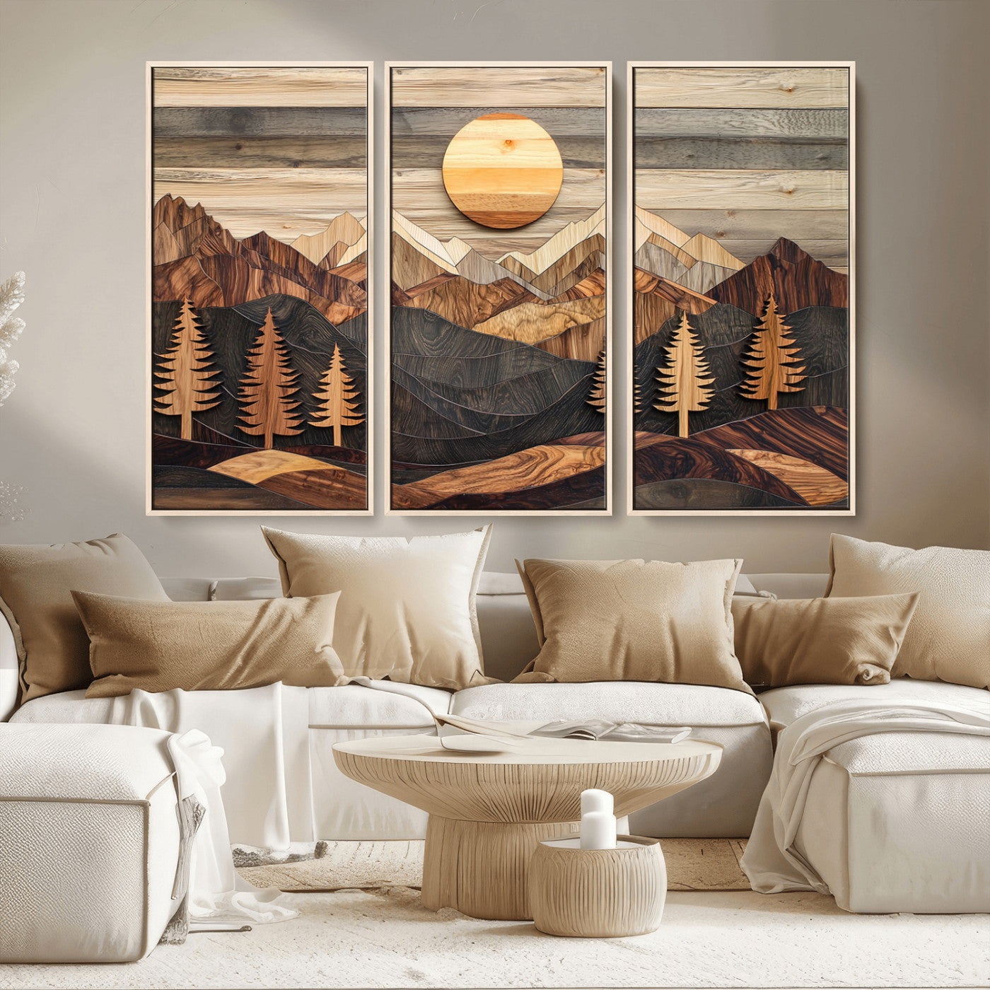 MGV-FC-48X32-3P - Wooden Mountain Layers Canvas Wall Art – Rustic Pine Tree Landscape with Sunlight Artistic Nature