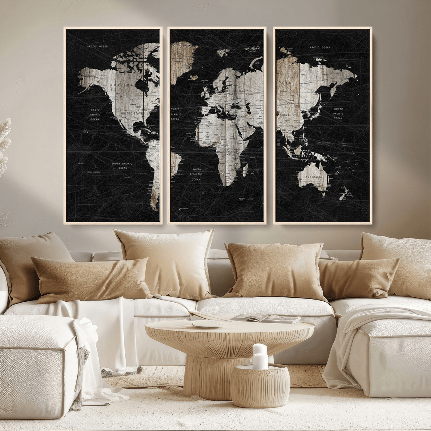 89998-MGV-CV-36X24-Rustic Black and Wood World Map Canvas Wall Art – Framed Push Pin Travel Map for Home and Office Decor, Modern Vintage Wall Artwork