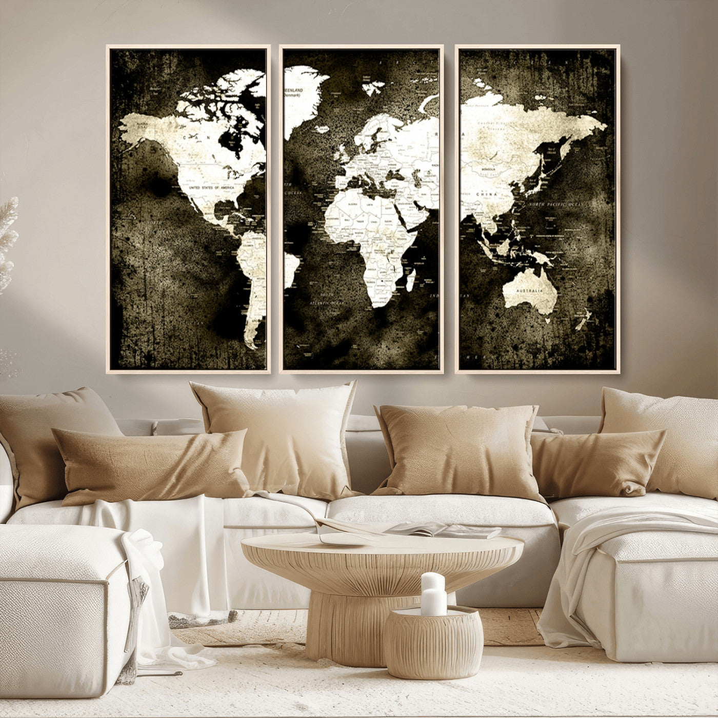 66737-MGV-CV-36X24-Vintage World Map Canvas Wall Art – Framed Push Pin Travel Map for Home and Office Decor, Rustic Wall Artwork for Travelers
