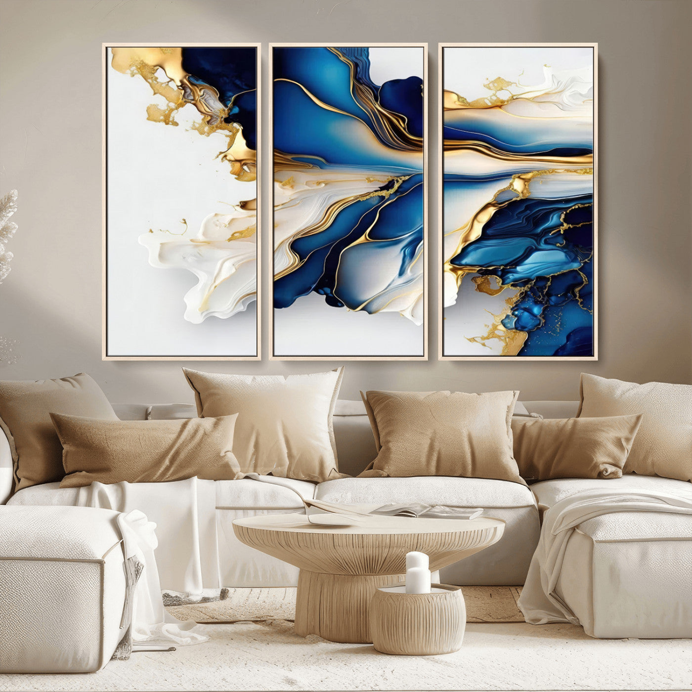 65693-MGV-FC-48X32-3P_Natural-Gold Marble Art - Abstract Geode Gold And Blue Marble Shape 3 Pieces Wall Art Canvas Print
