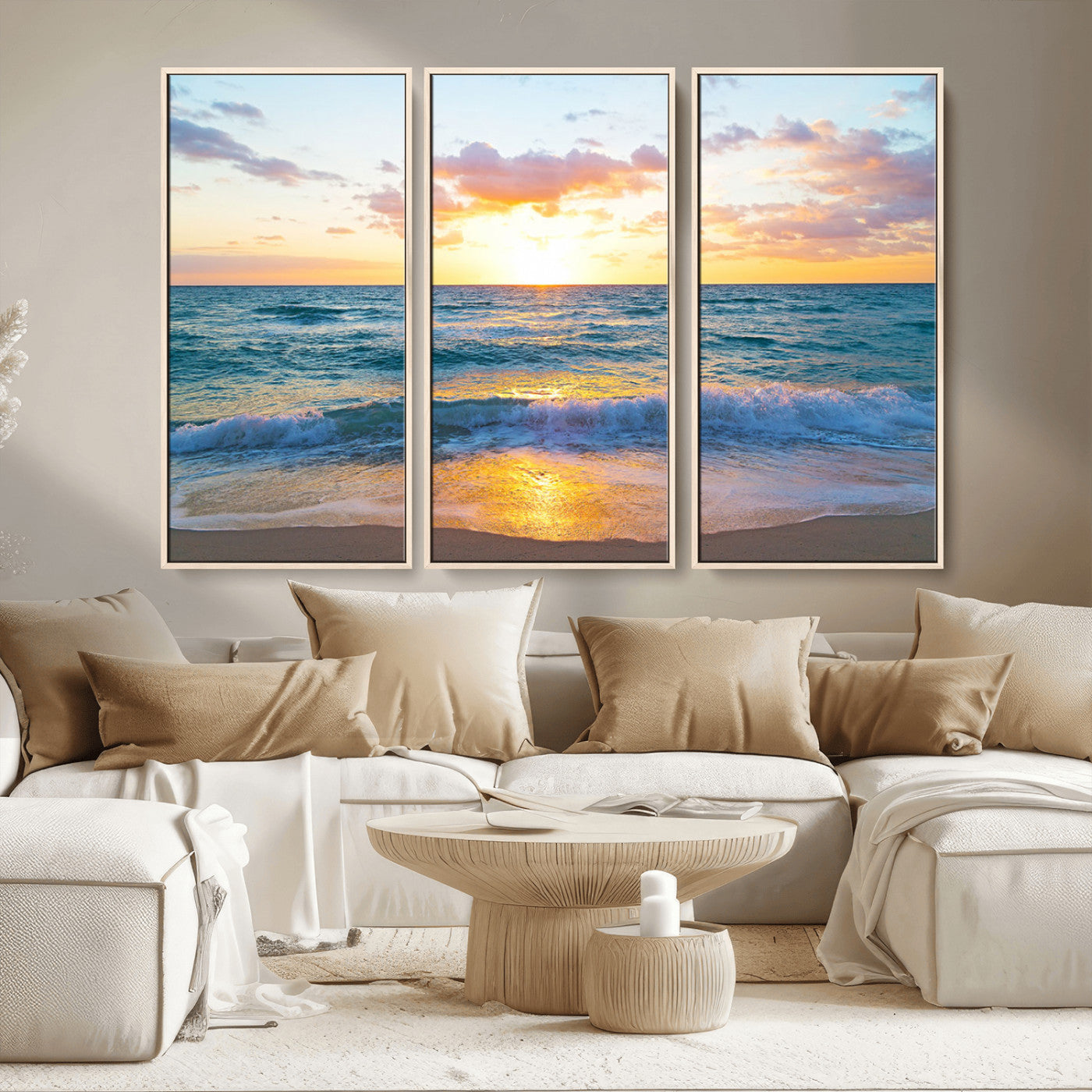 63383-MGV-FC-48X32-3P_Natural-Golden Sunset Over Ocean Waves - Serene Coastal Triptych Wall Art for Relaxing Home Decor, Ready to