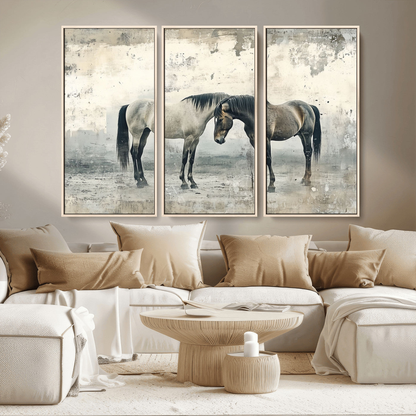 -Chines Style Majestic Horses Wall Art | Ready to Hang and Framed Triptych Print | Western Farmhouse