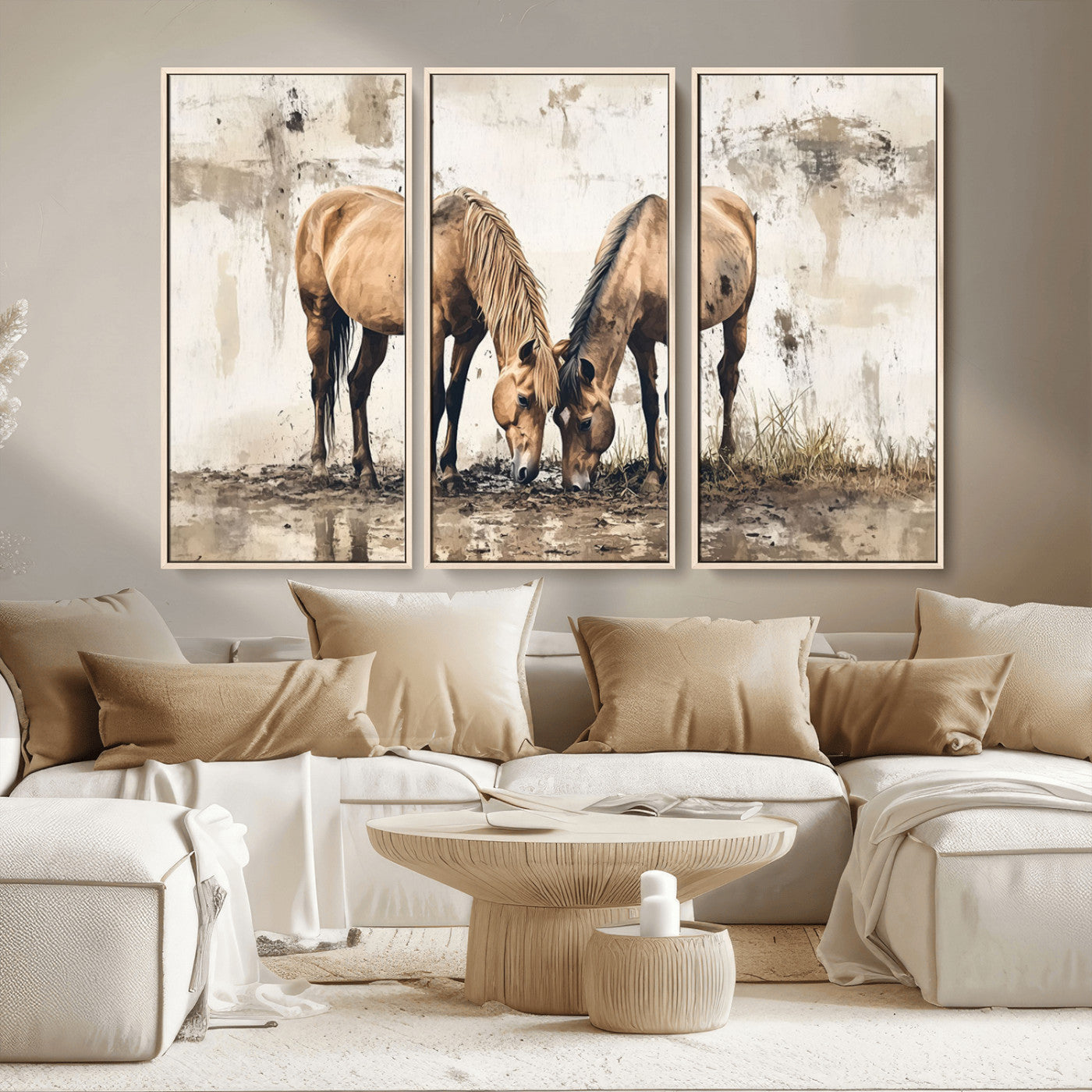 44742-MGV-FC-48X32-3P_Natural-Vintage Horses Wall Art | Ready to Hang and Framed Triptych | Western Farmhouse Wall Decor for