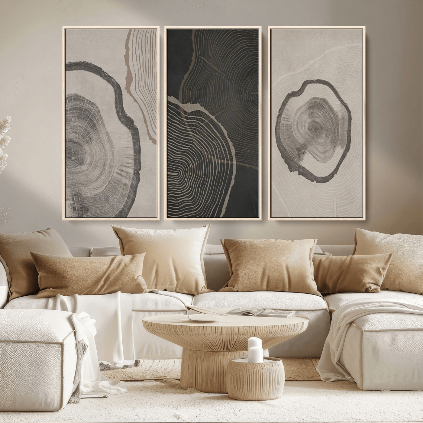 25407-MGV-CV-36X24-Modern Abstract Tree Ring Canvas Art Set | 3 Panel Large Tree Ring Design for Living Room, Office,